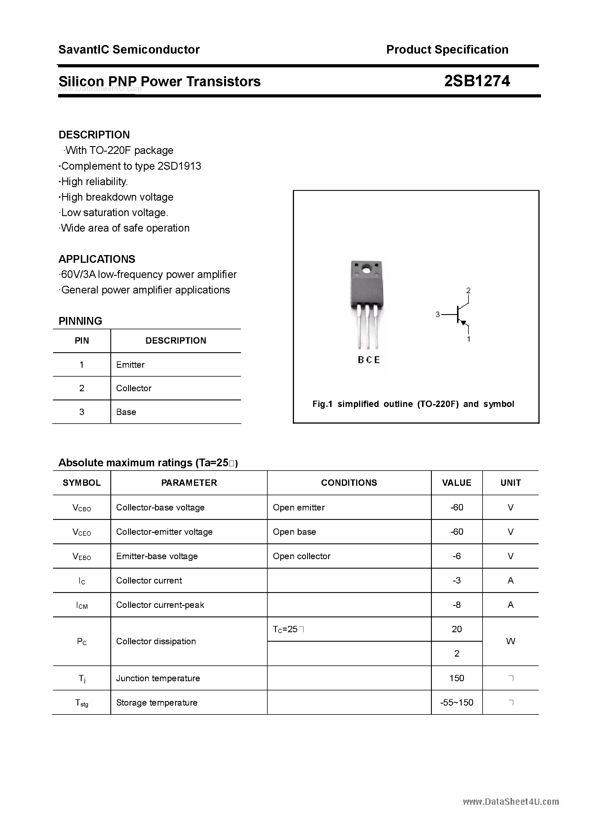 Datasheet 2SB1274 - SILICON POWER TRANSISTOR page 1