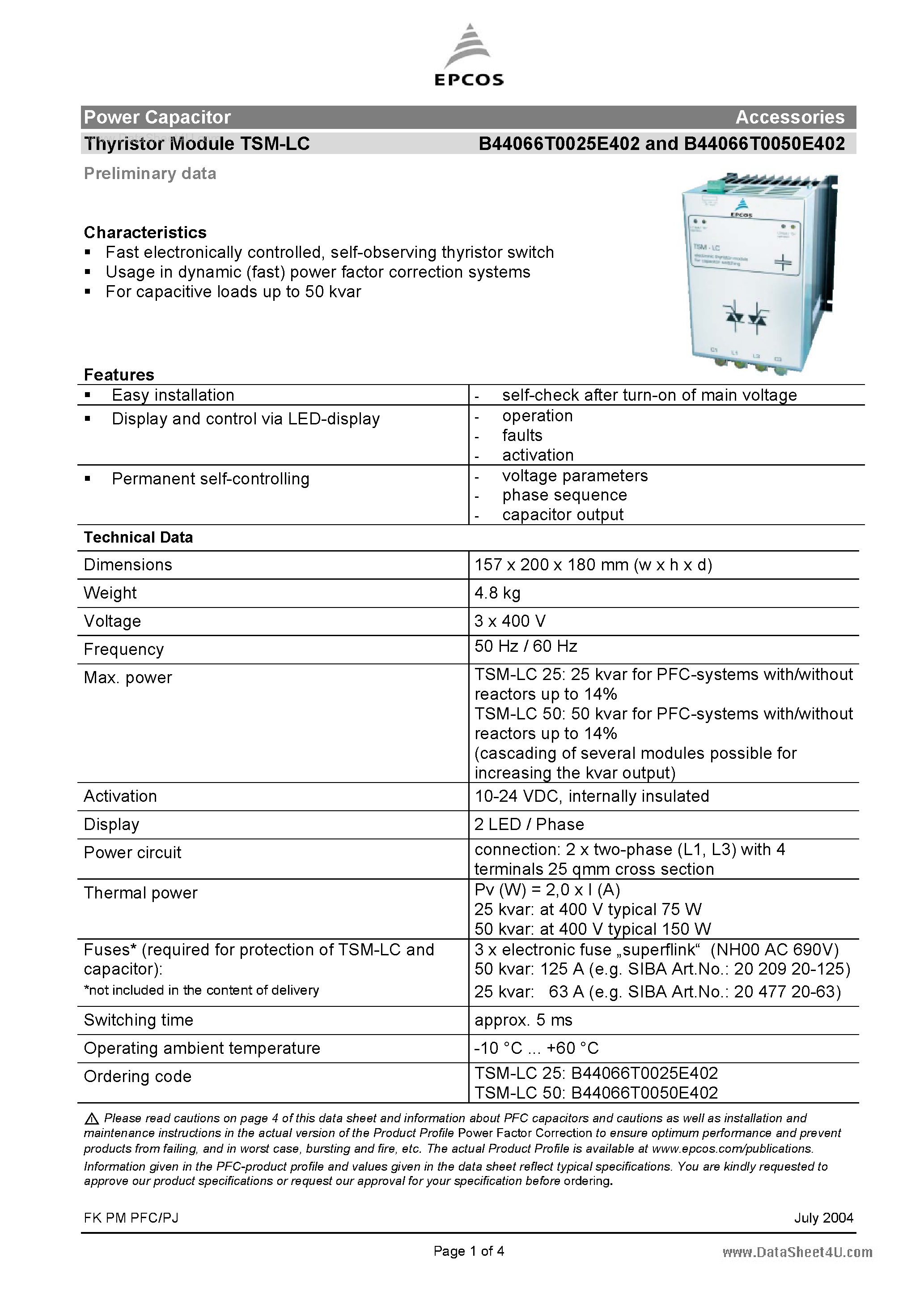 Datasheet B44066T0025E402 page 1 Datasheet B44066T0025E402 - Power Capacitor Accessories Thyristor Module TSM-LC page 1