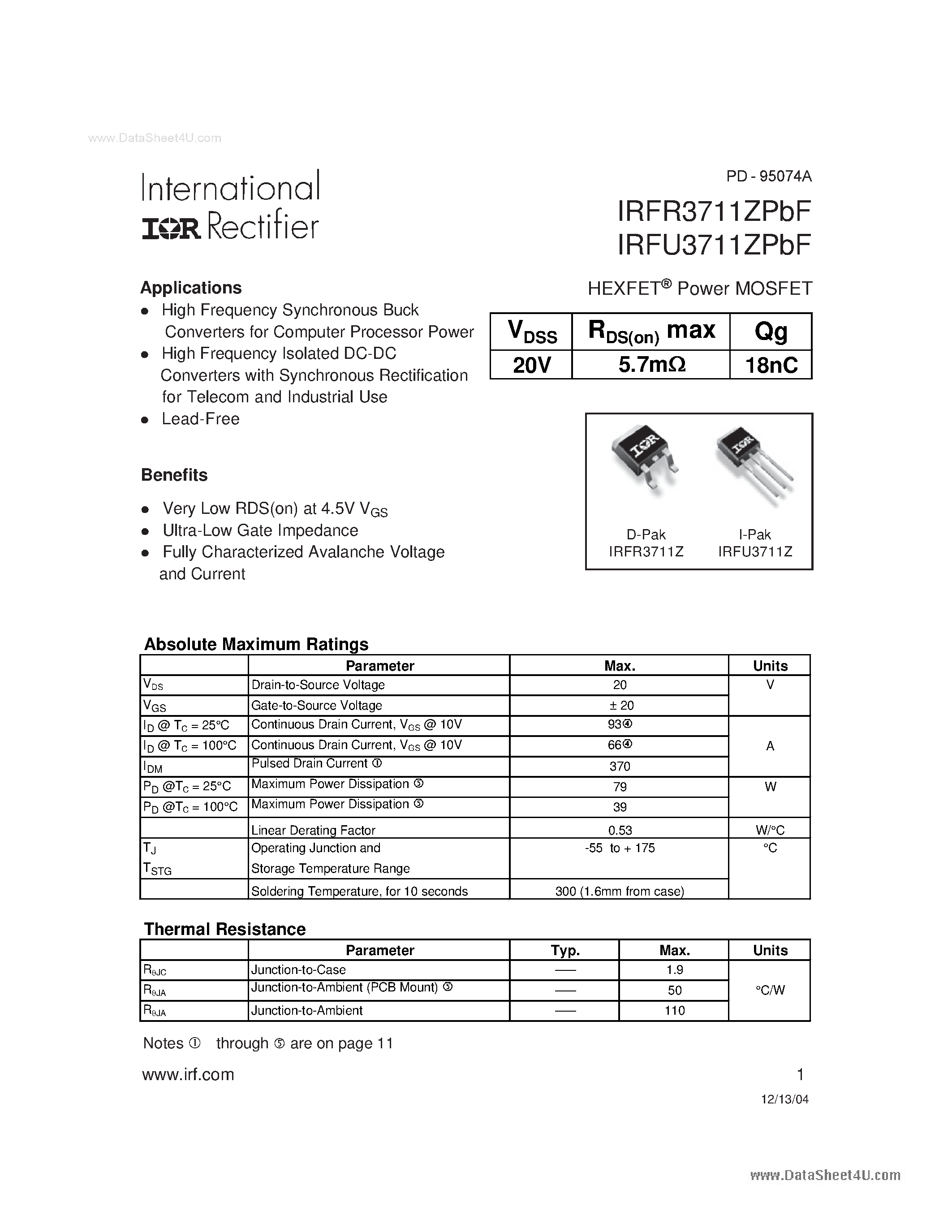 Datasheet IRFR3711ZPBF - HEXFET Power MOSFET page 1