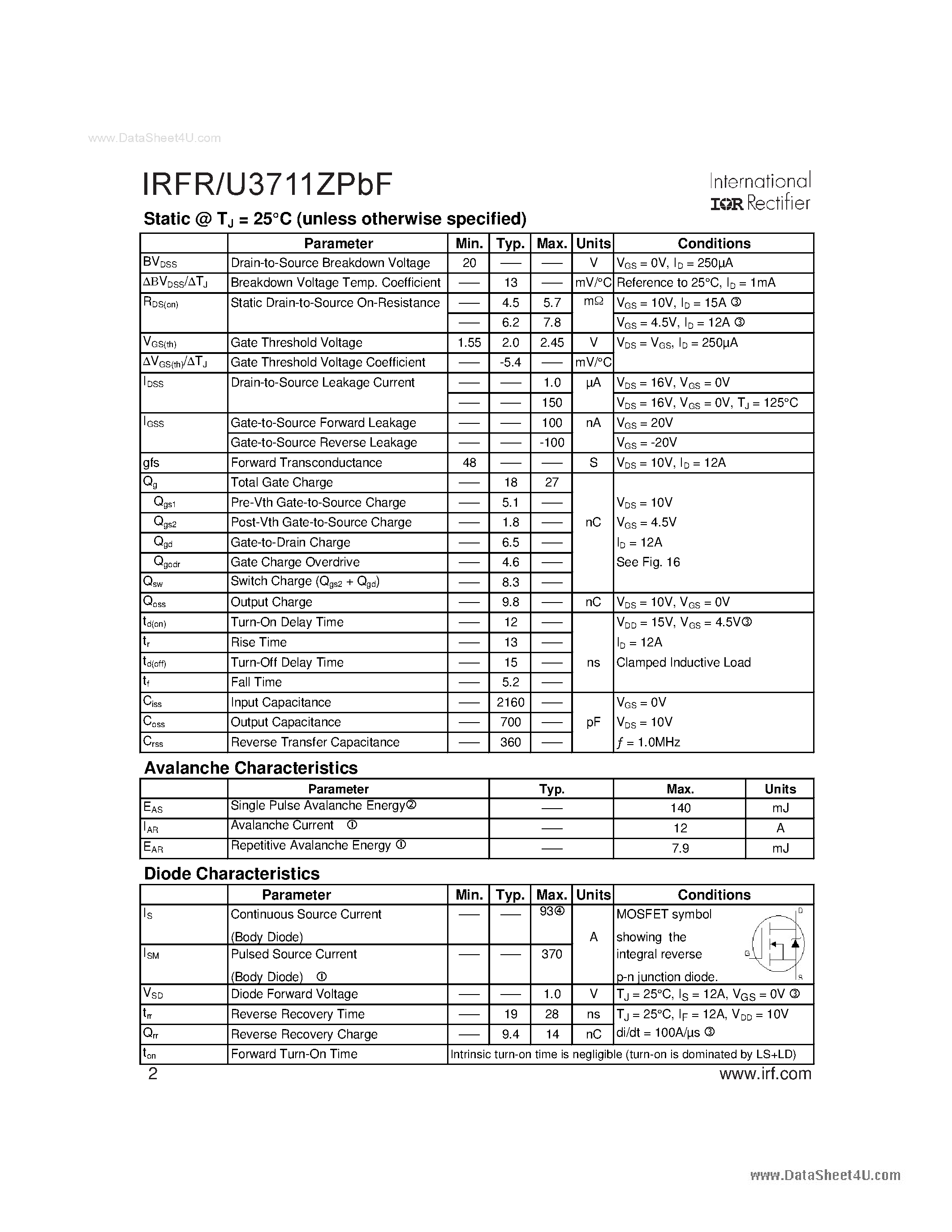 Datasheet IRFR3711ZPBF - HEXFET Power MOSFET page 2
