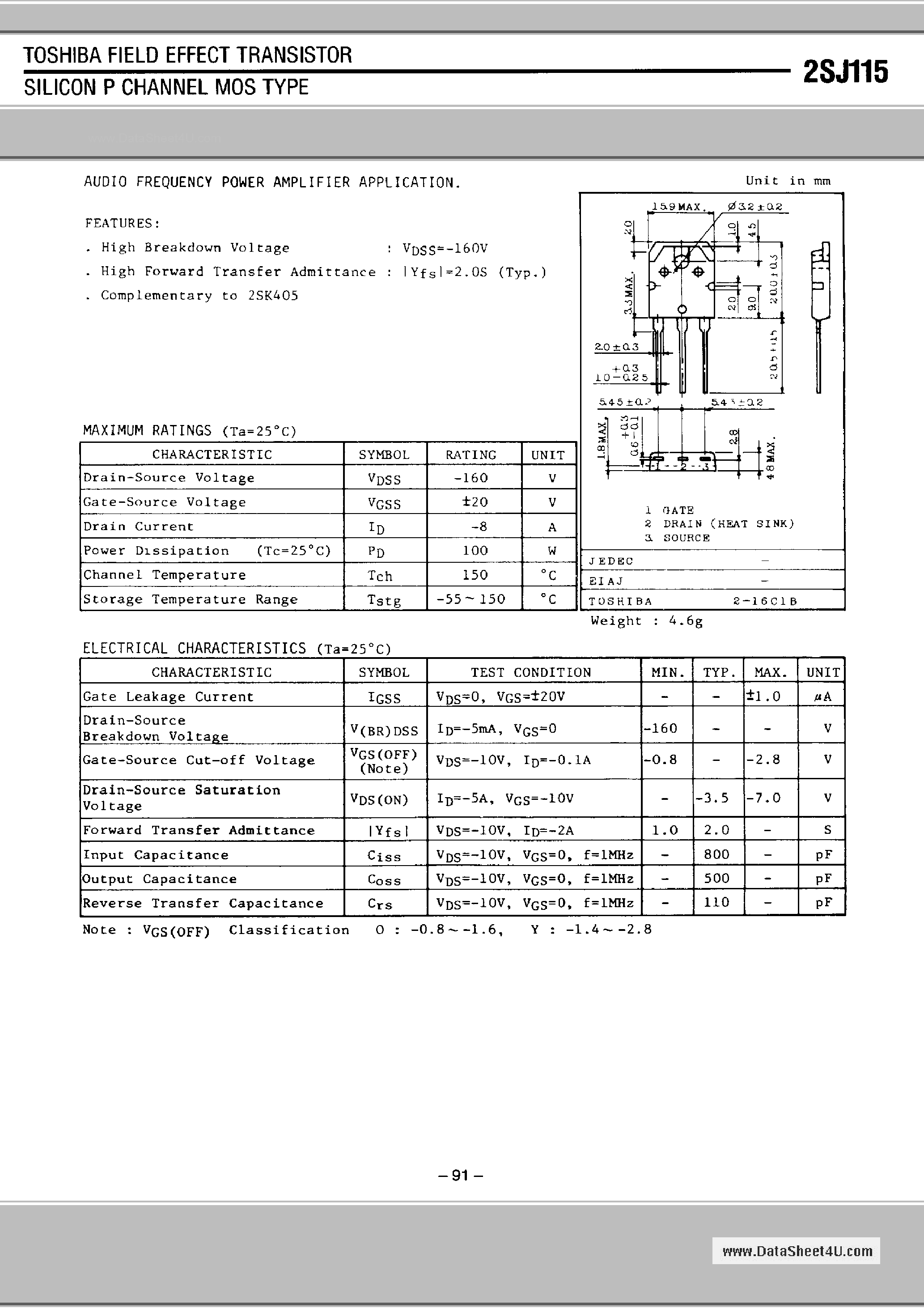 Datasheet 2SJ115 - SILICON P-CHANNEL MOS FET page 1