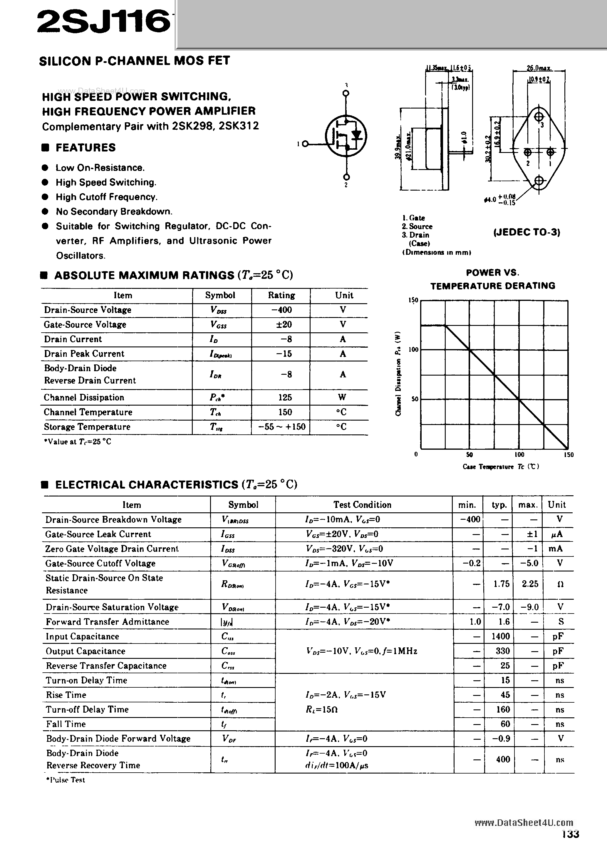 Datasheet 2SJ116 - SILICON P-CHANNEL MOS FET page 1