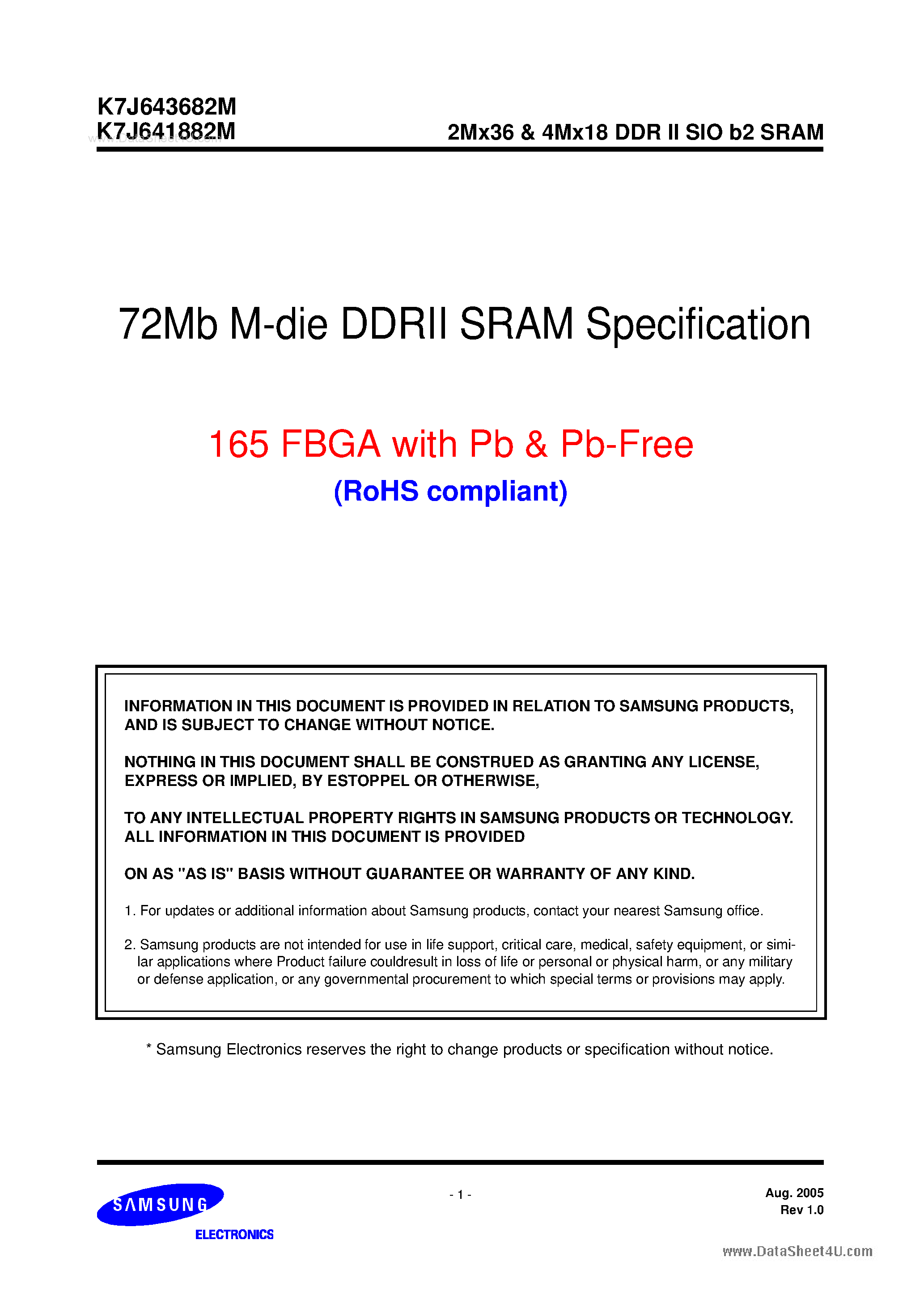 Datasheet K7J641882M - (K7J641882M / K7J643682M) 72Mb M-die DDRII SRAM Specification page 1