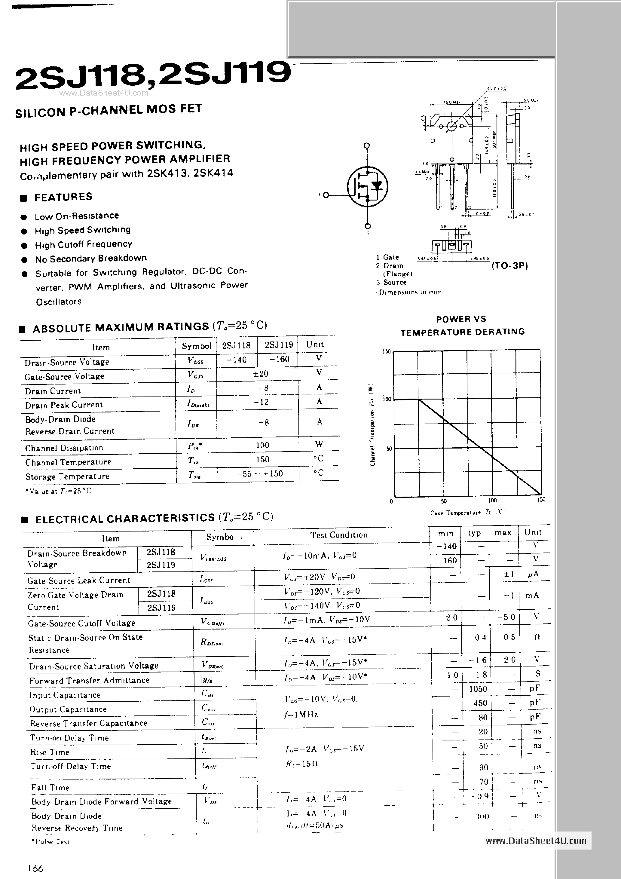 Даташит 2SJ118 - (2SJ118 / 2SJ119) SILICON P-CHANNEL MOS FET страница 1