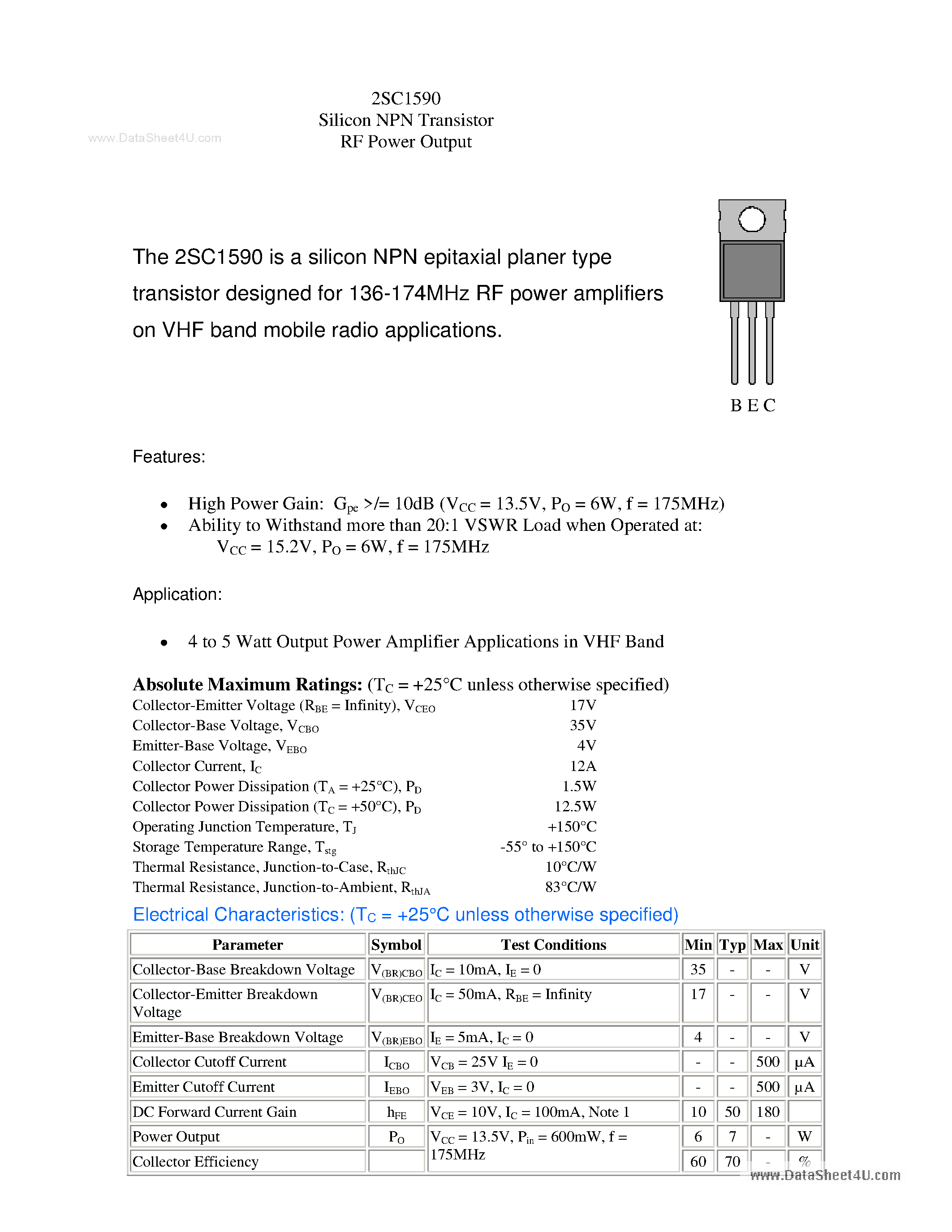 Datasheet 2SC1590 - Silicon NPN Transistor RF Power Output page 1