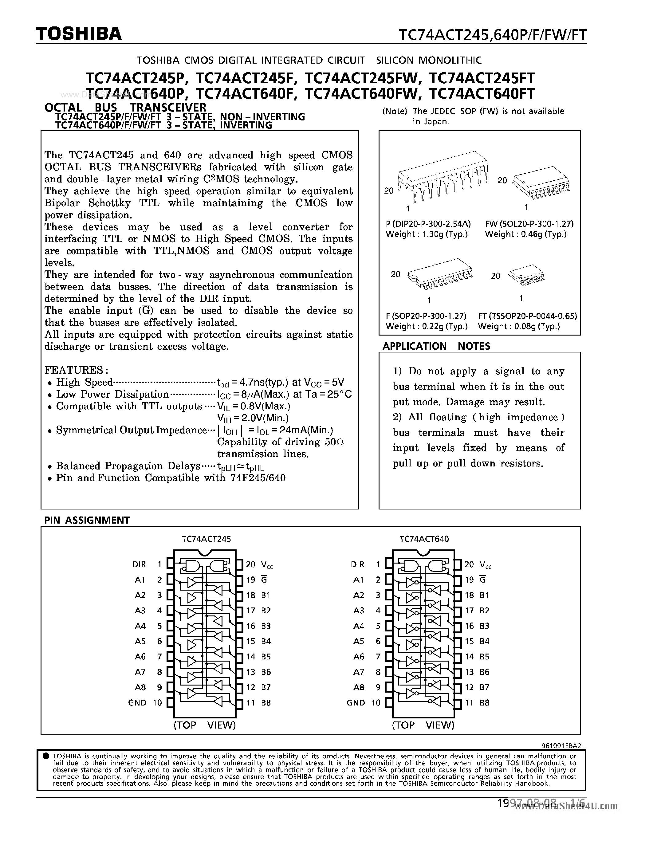 Datasheet 74ACT640F - OCTAL BUS TRANSCEIVER page 1