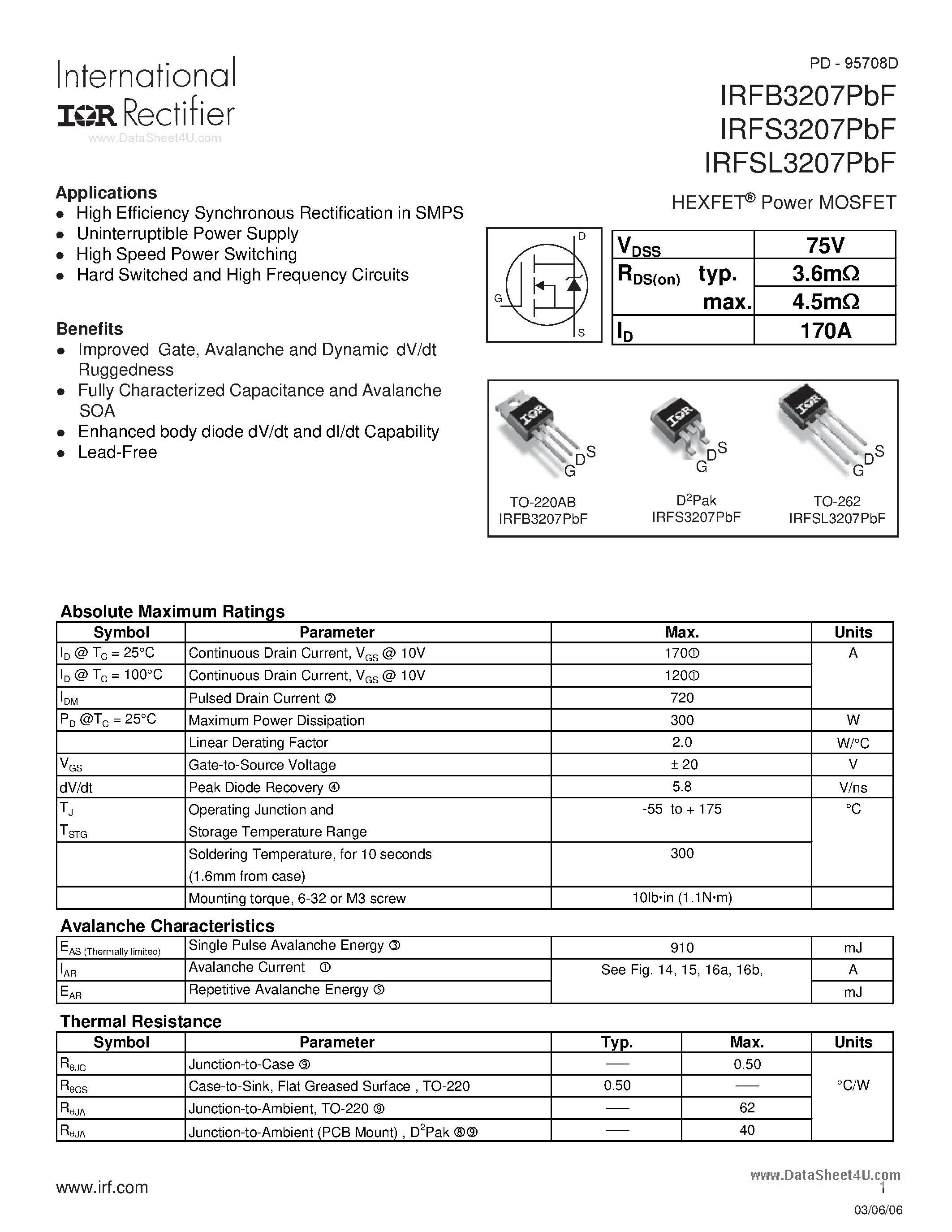 Datasheet IRFB3207PBF - Power MOSFET page 1