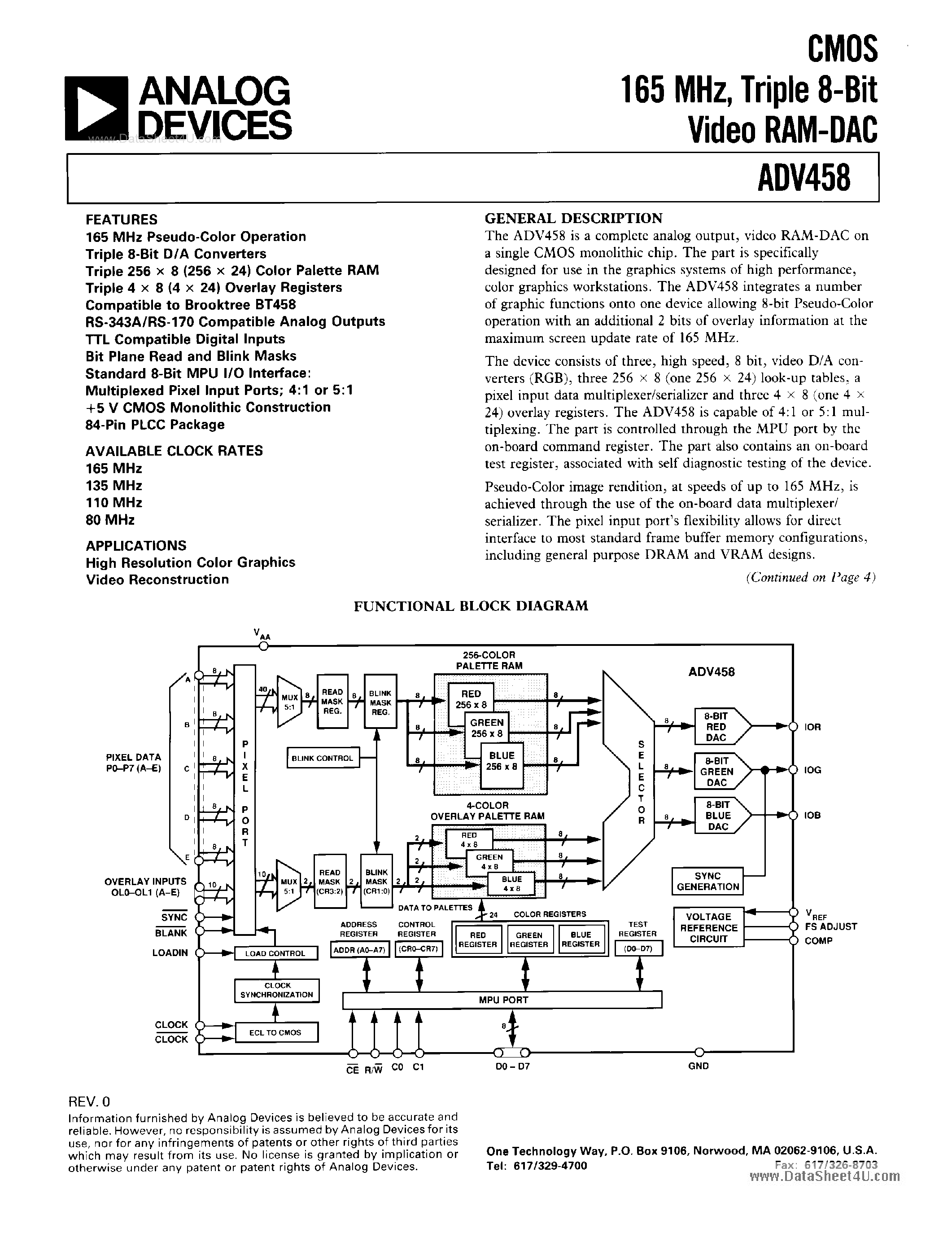 Даташит на микросхему ADV458 страница 1 Даташит ADV458 - CMOS Triple 8-Bit Video RAM-DAC страница 1