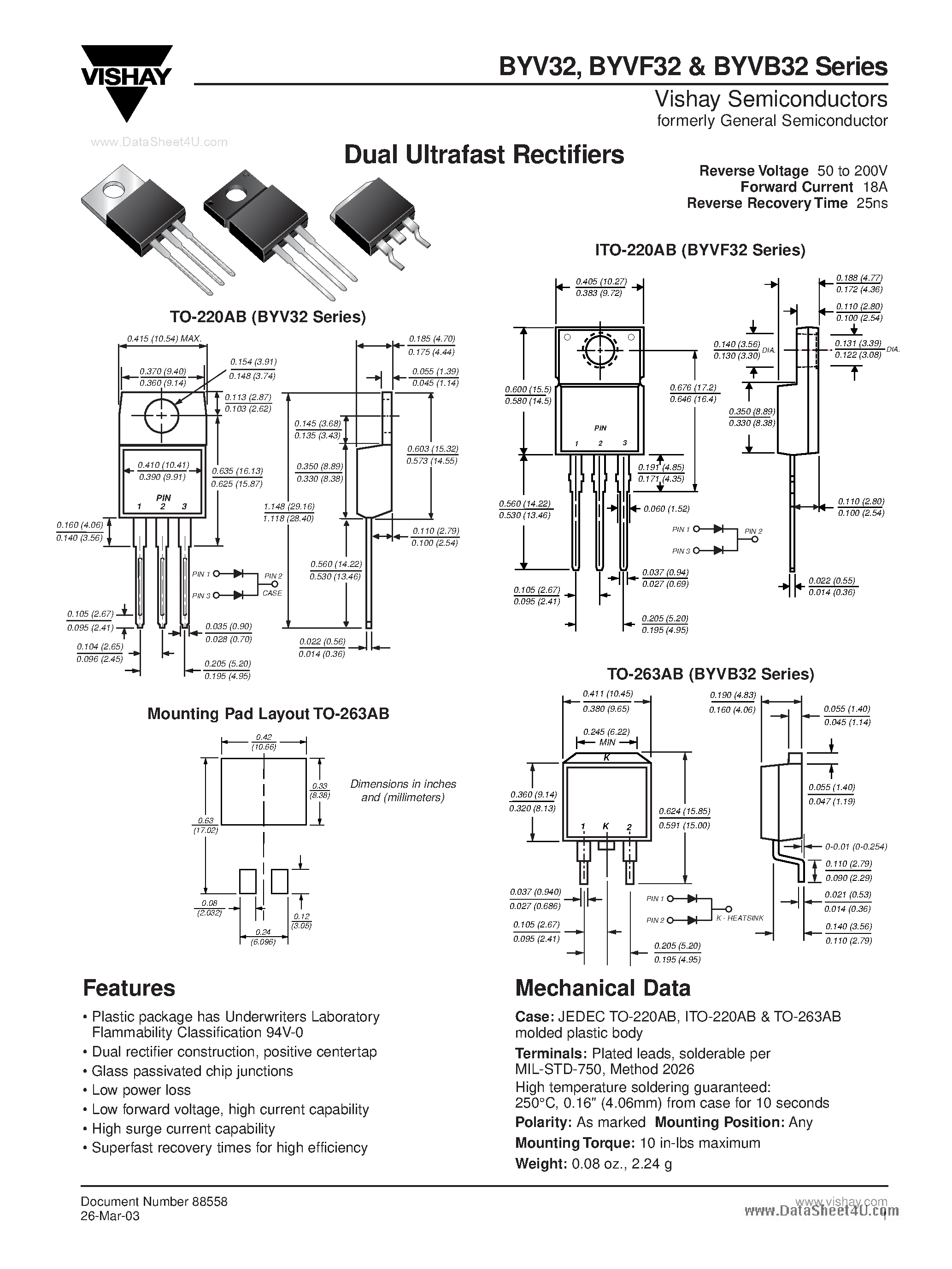 Datasheet BYV32 page 1 Datasheet BYV32 - Dual Ultrafast Rectifiers page 1