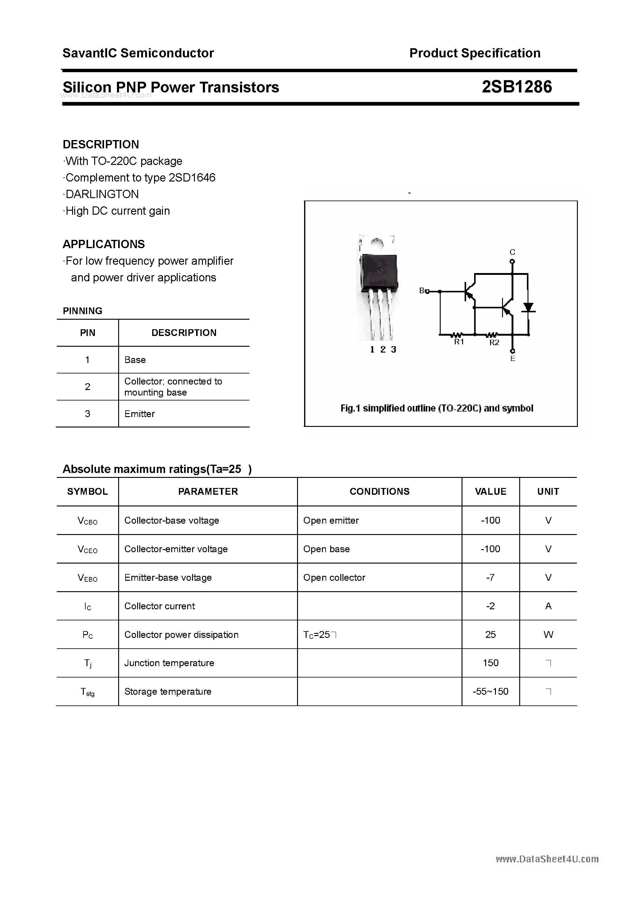 Datasheet 2SB1286 page 1 Datasheet 2SB1286 - SILICON POWER TRANSISTOR page 1