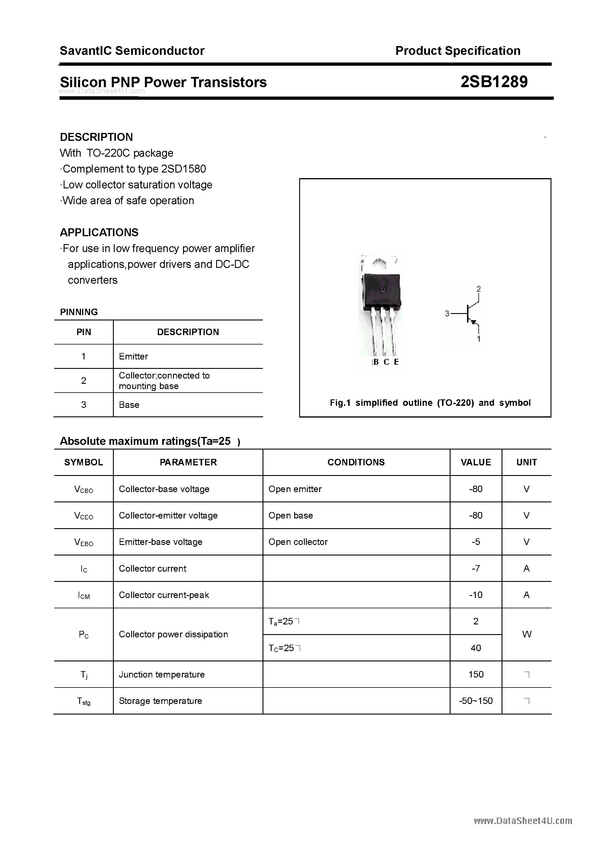 Datasheet 2SB1289 page 1 Datasheet 2SB1289 - SILICON POWER TRANSISTOR page 1