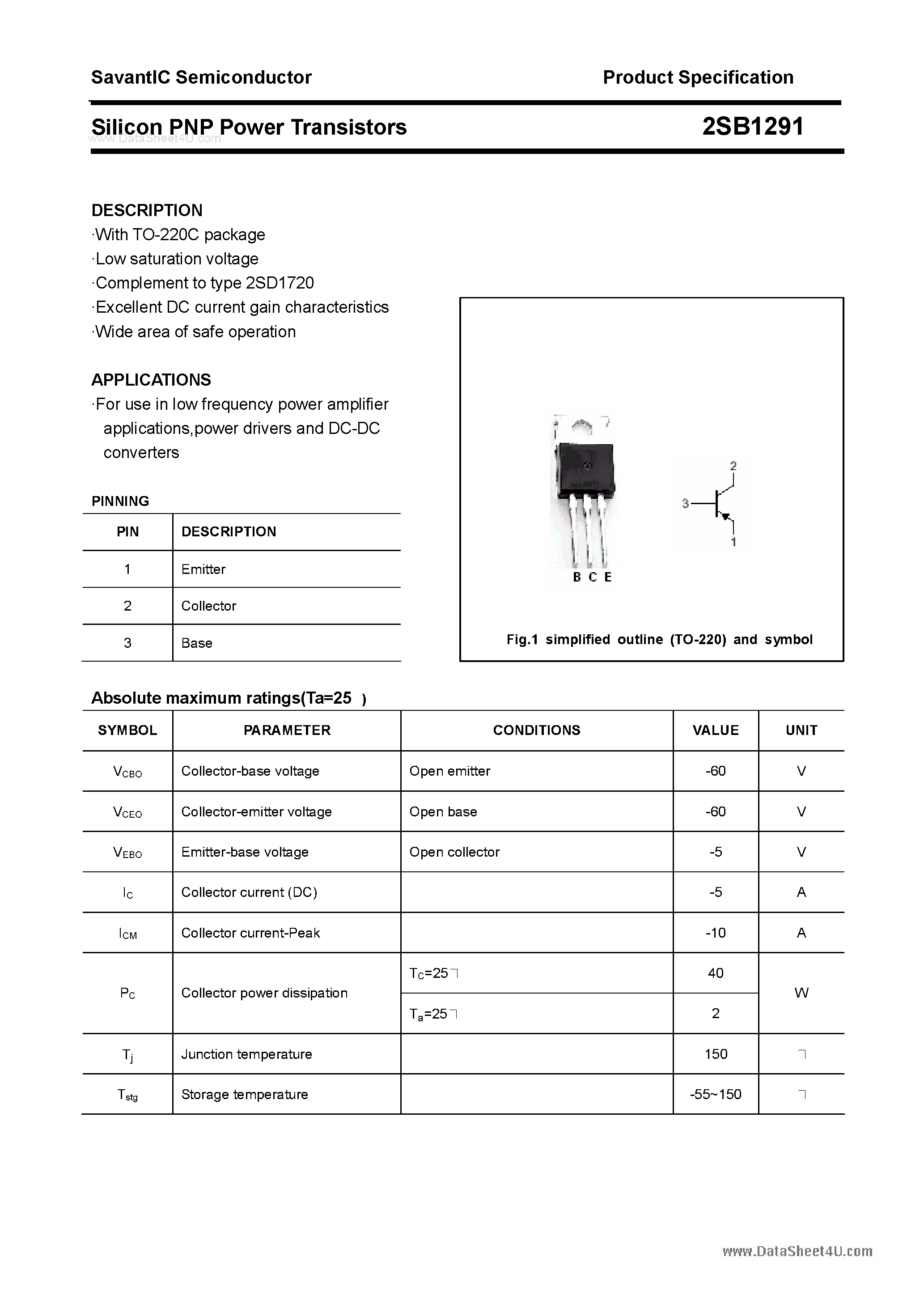 Datasheet 2SB1291 page 1 Datasheet 2SB1291 - SILICON POWER TRANSISTOR page 1