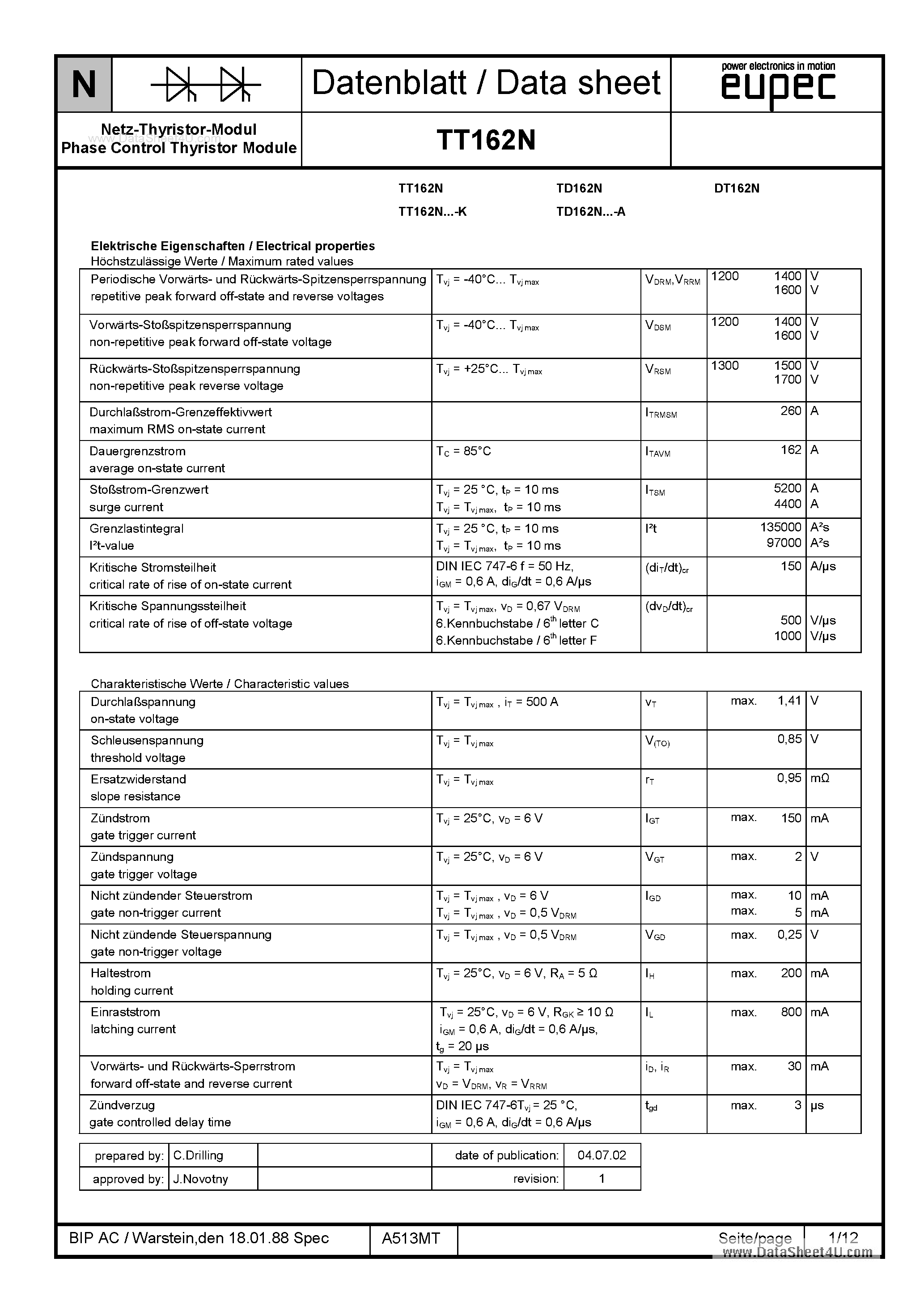 Datasheet TD162N page 1 Datasheet TD162N - SCR page 1