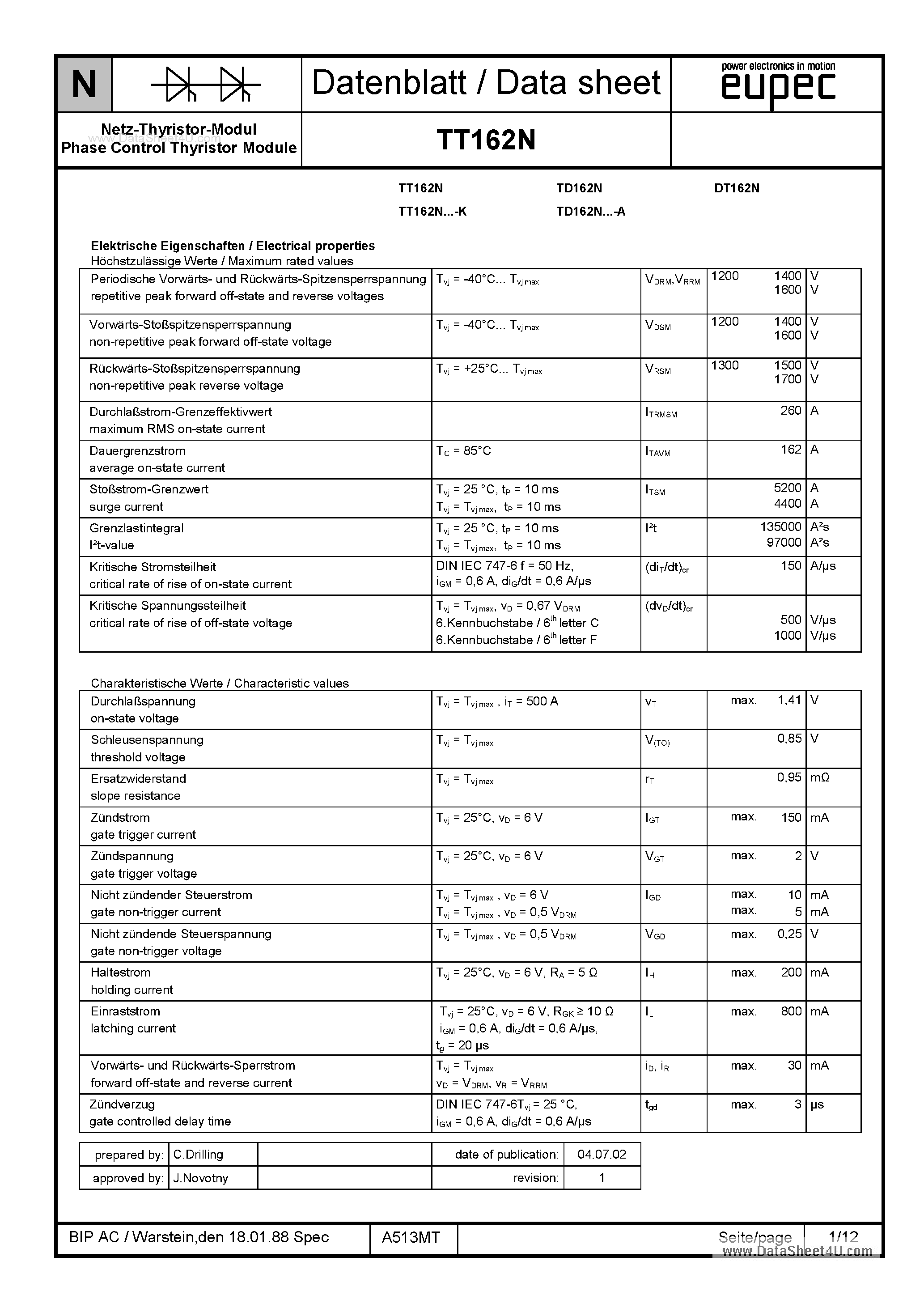 Datasheet TD162N - SCR page 1