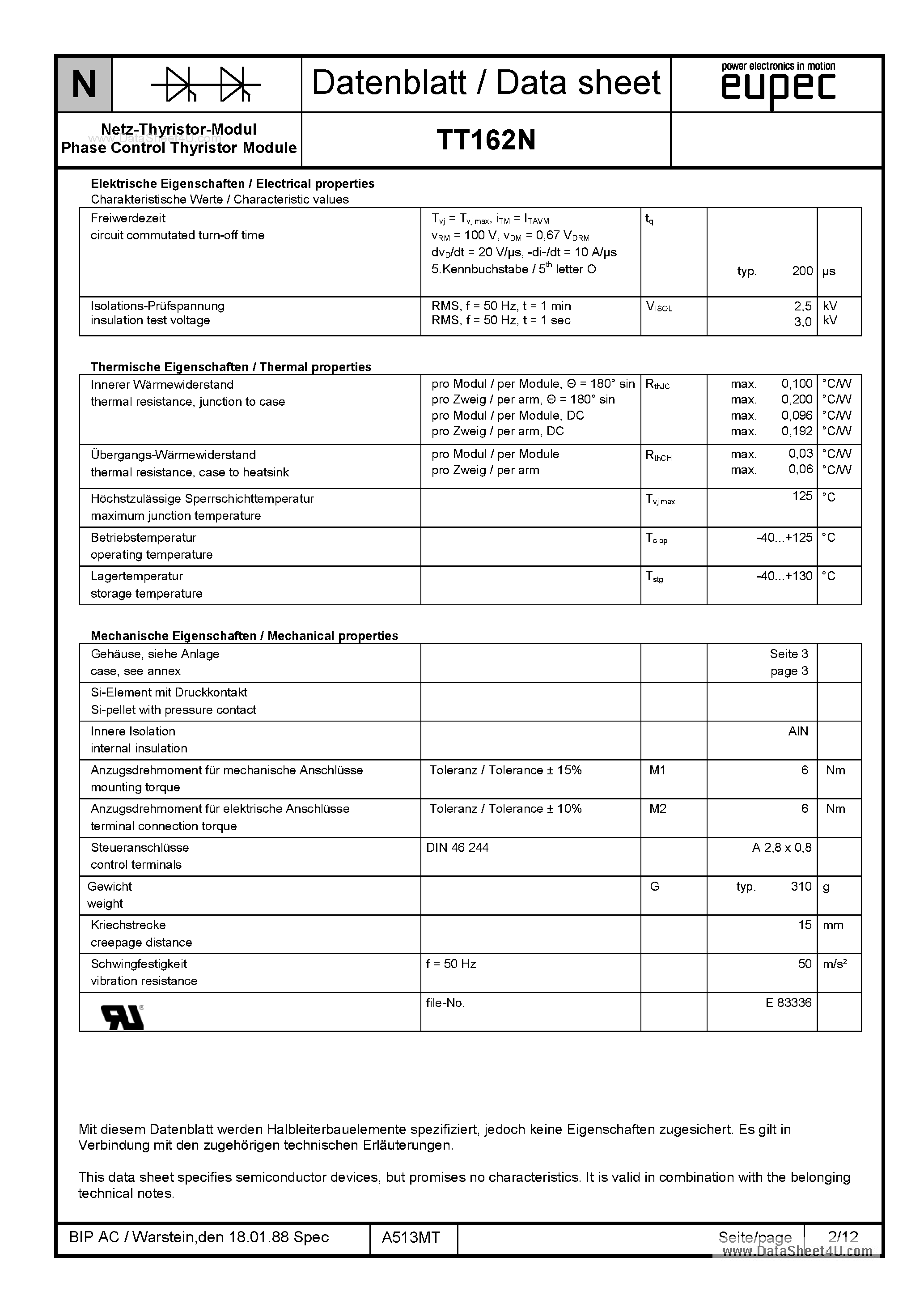 Datasheet TD162N page 2 Datasheet TD162N - SCR page 2