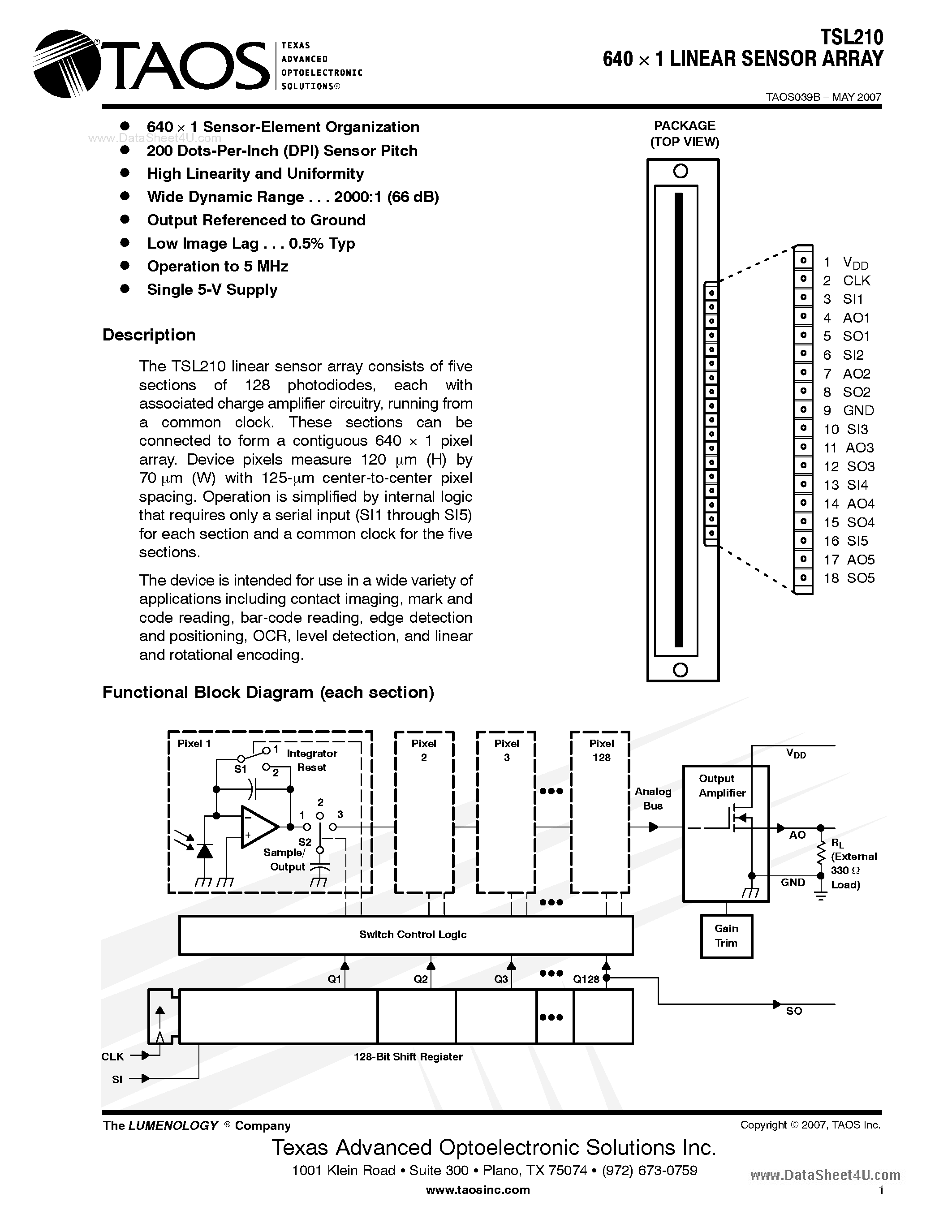 Даташит TSL210 - 640 X 1 LINEAR SENSOR ARRAY страница 1