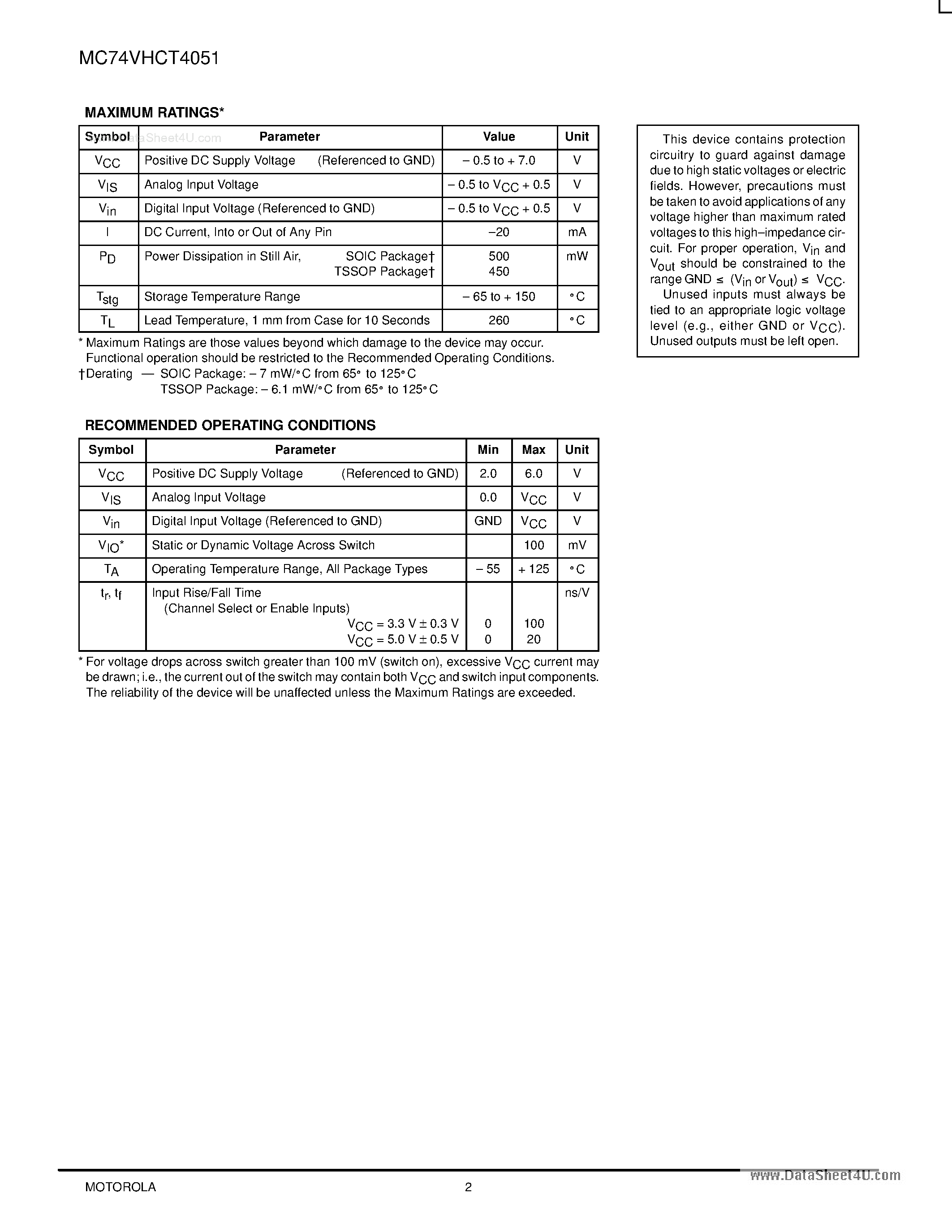 Даташит на микросхему MC74VHT4051 страница 2 Даташит MC74VHT4051 - Analog Multiplexer Demultiplexer страница 2