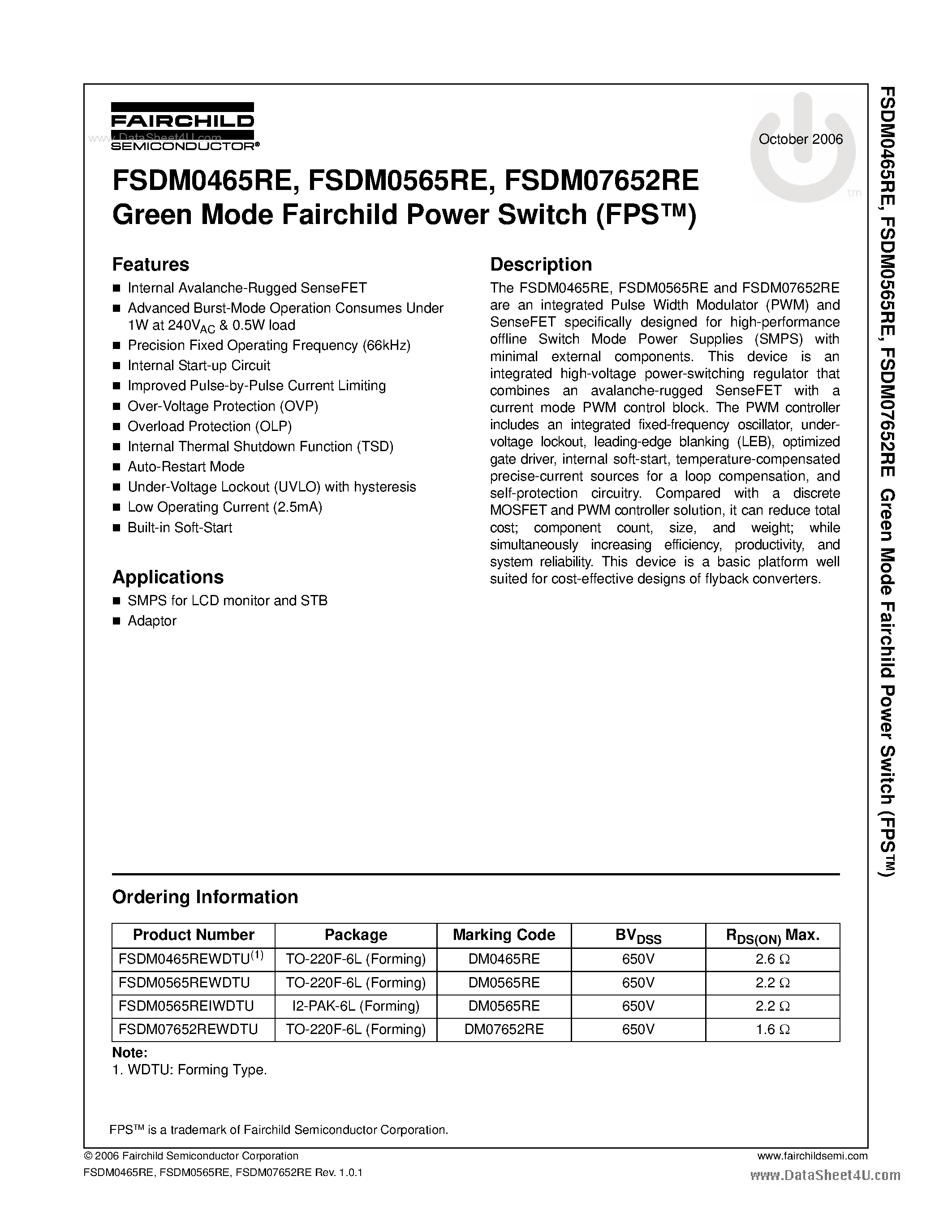 Даташит на микросхему FSDM0465RE страница 1 Даташит FSDM0465RE - Green Mode Fairchild Power Switch страница 1