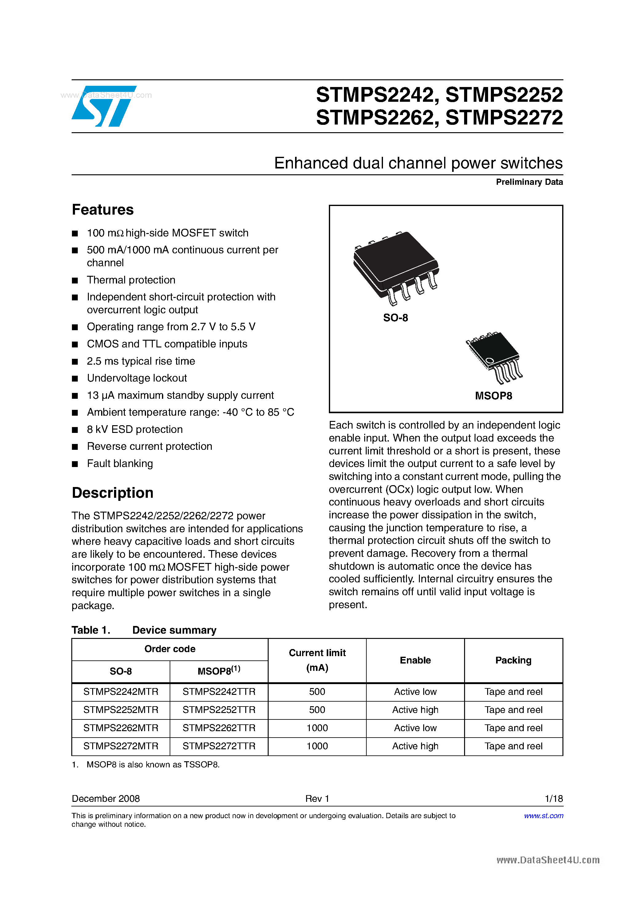 Даташит на микросхему STMPS2242 страница 1 Даташит STMPS2242 - (STMPS2242 - STMPS2272) Enhanced dual channel power switches страница 1