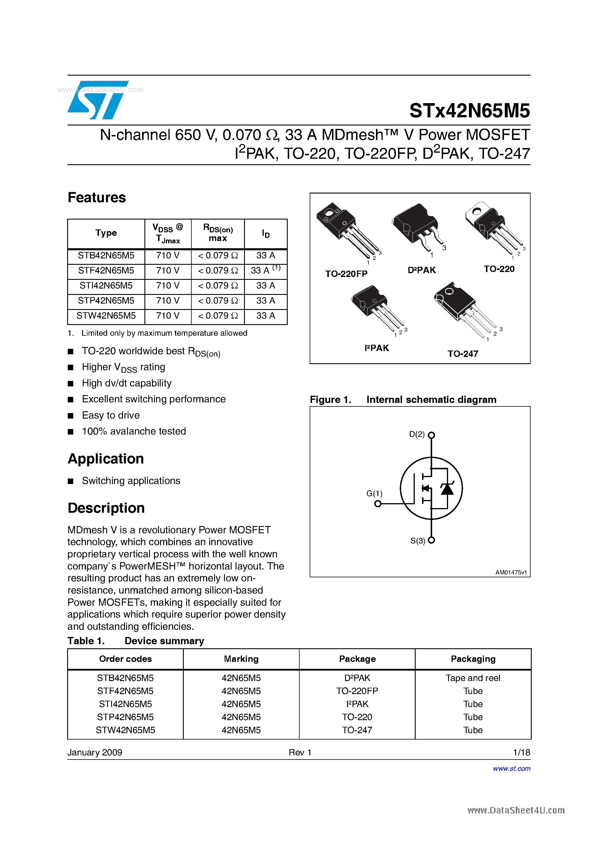 Datasheet STI42N65M5 - N-channel Power MOSFETs page 1