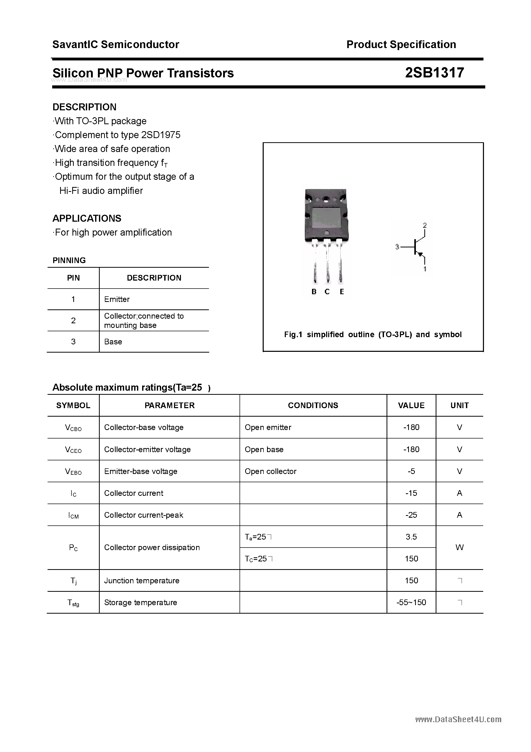 Datasheet 2SB1317 page 1 Datasheet 2SB1317 - SILICON POWER TRANSISTOR page 1