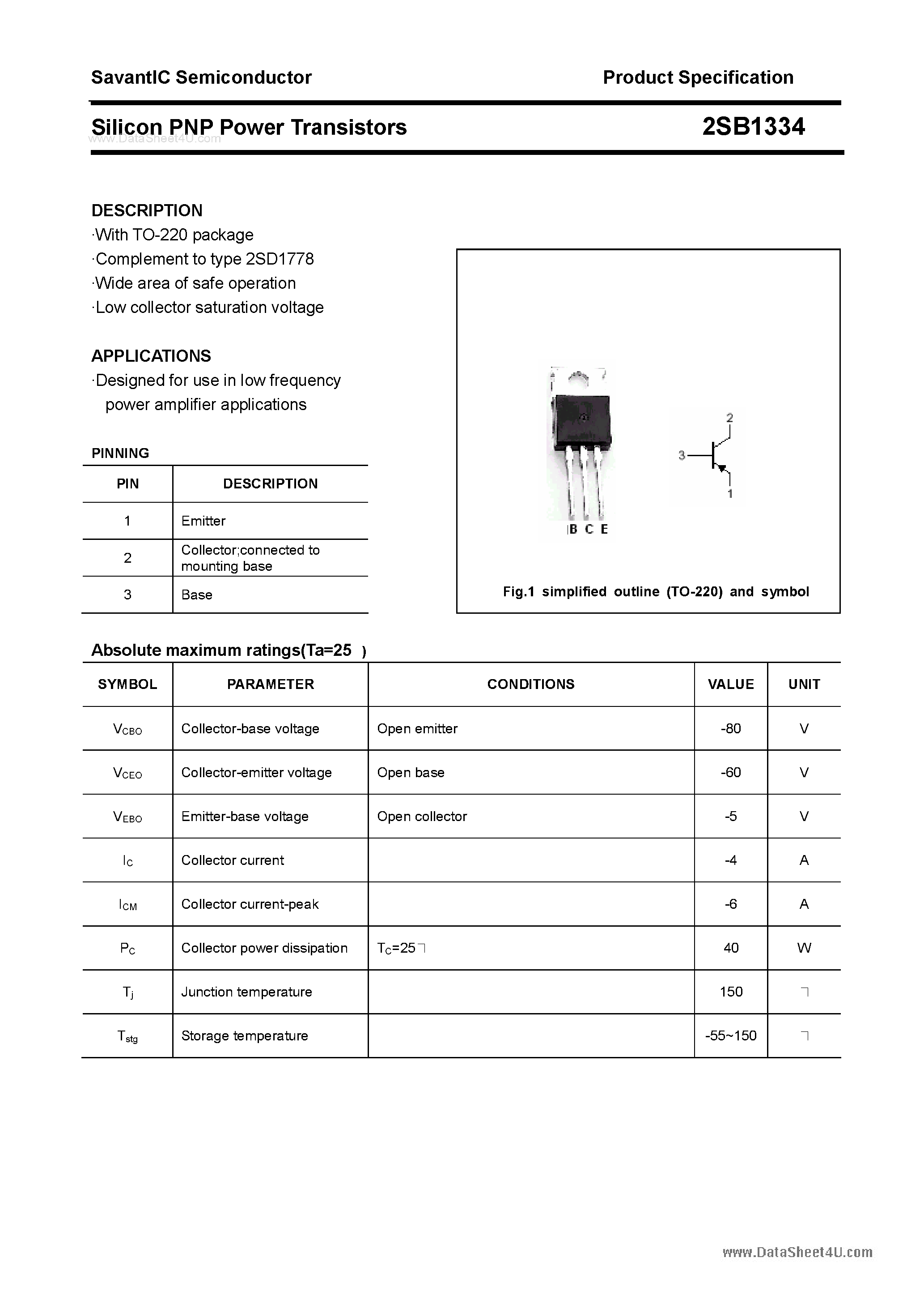 Datasheet 2SB1334 page 1 Datasheet 2SB1334 - SILICON POWER TRANSISTOR page 1