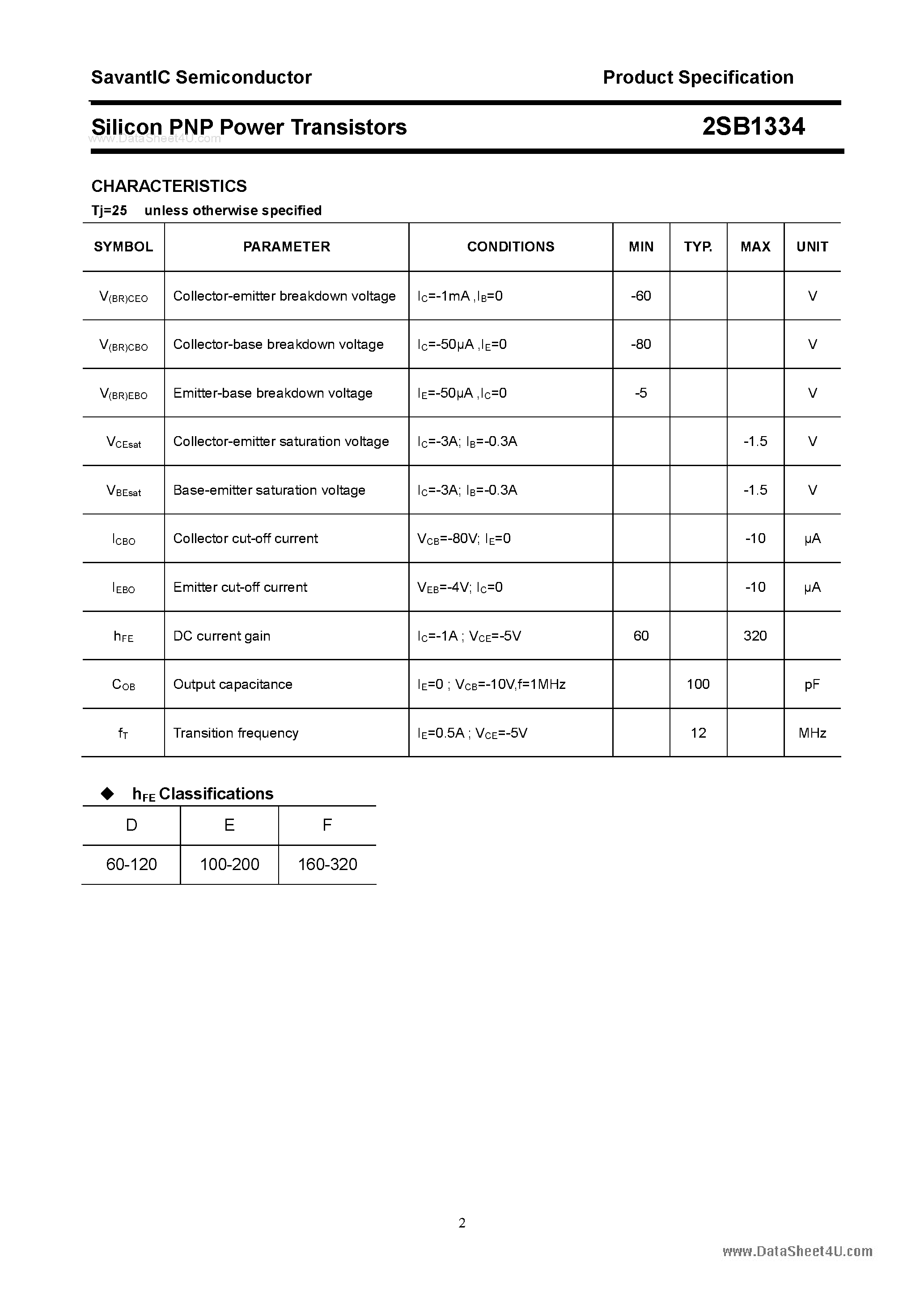 Datasheet 2SB1334 page 2 Datasheet 2SB1334 - SILICON POWER TRANSISTOR page 2