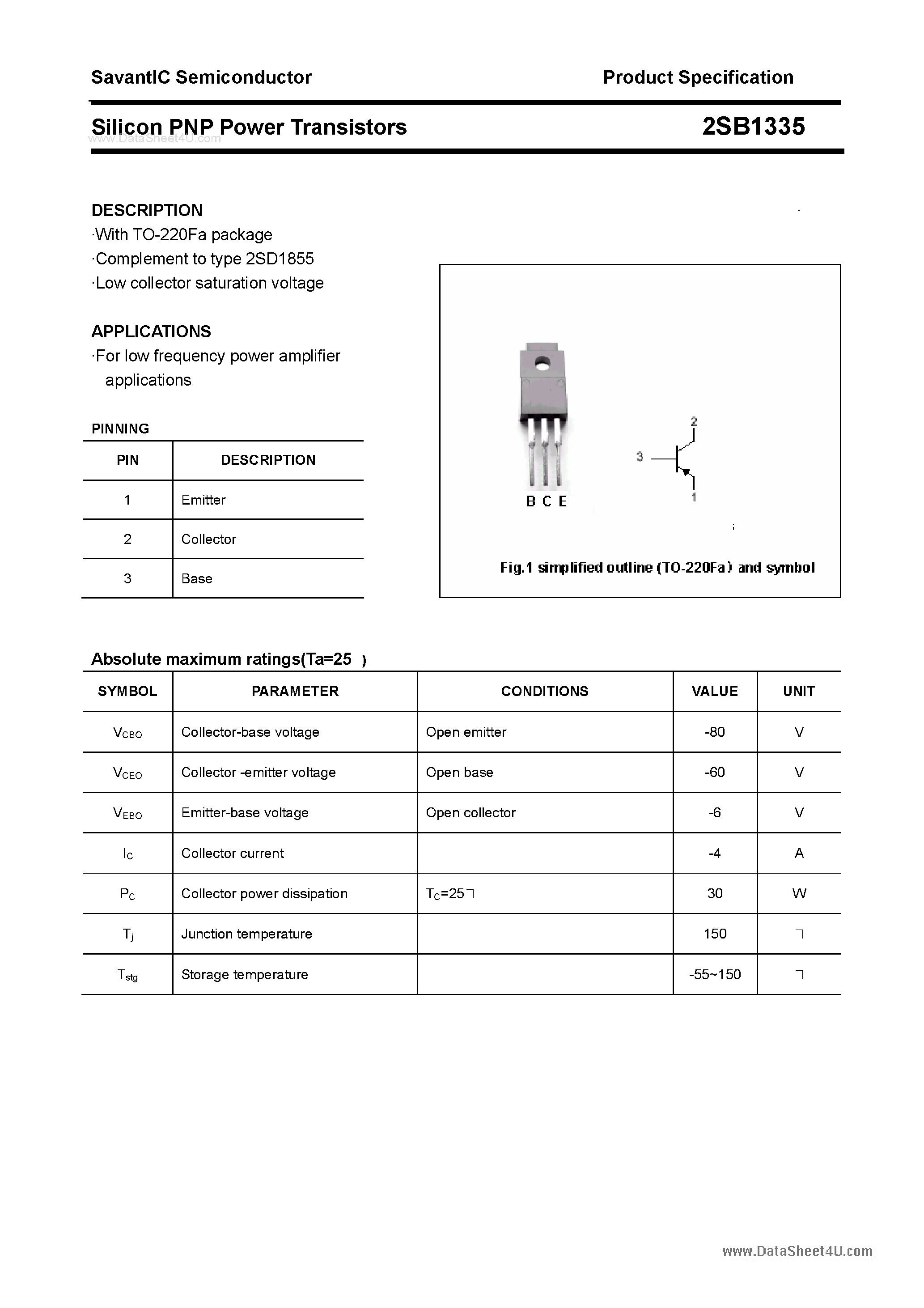 Datasheet 2SB1335 page 1 Datasheet 2SB1335 - SILICON POWER TRANSISTOR page 1