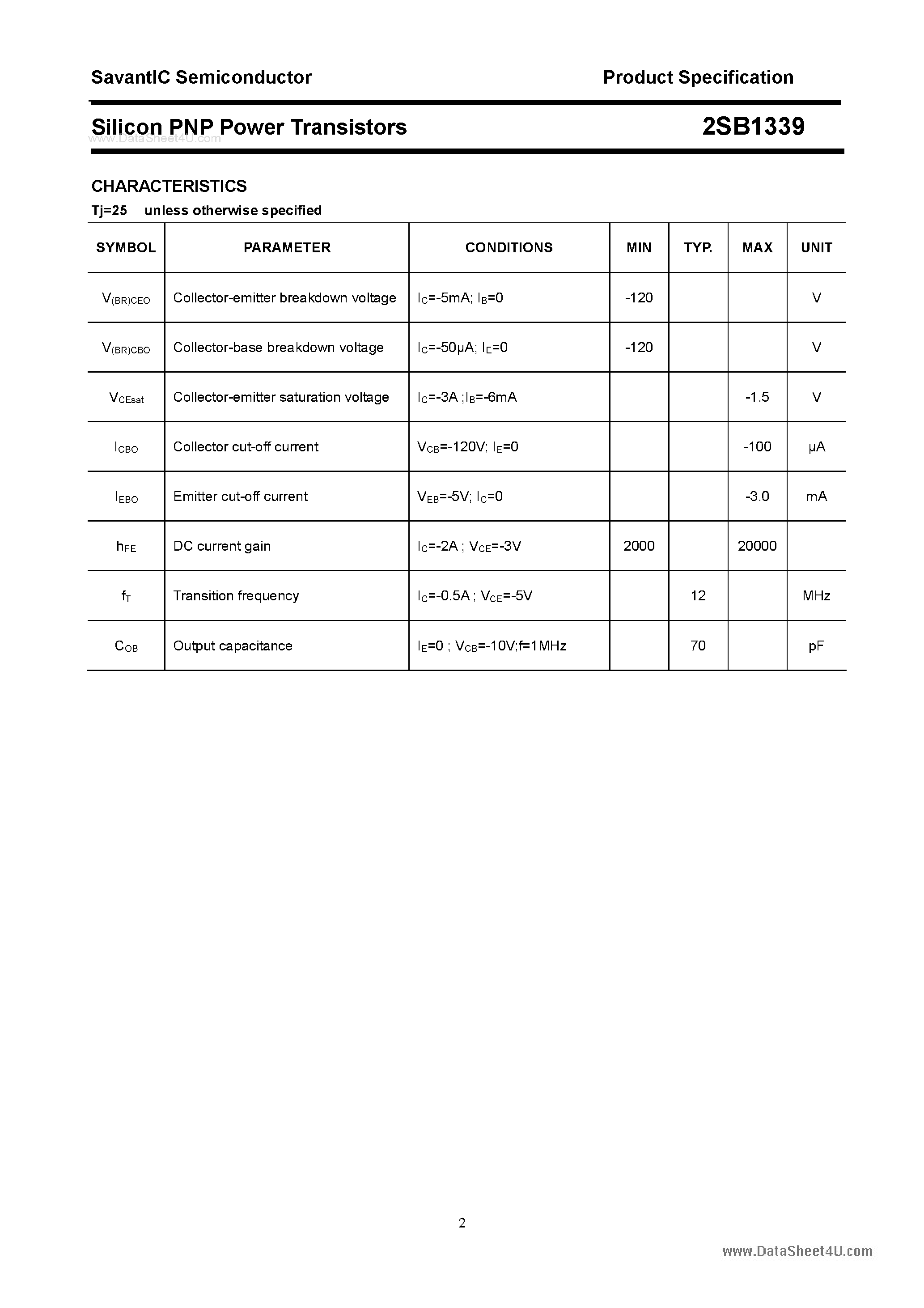 Datasheet 2SB1339 page 2 Datasheet 2SB1339 - SILICON POWER TRANSISTOR page 2