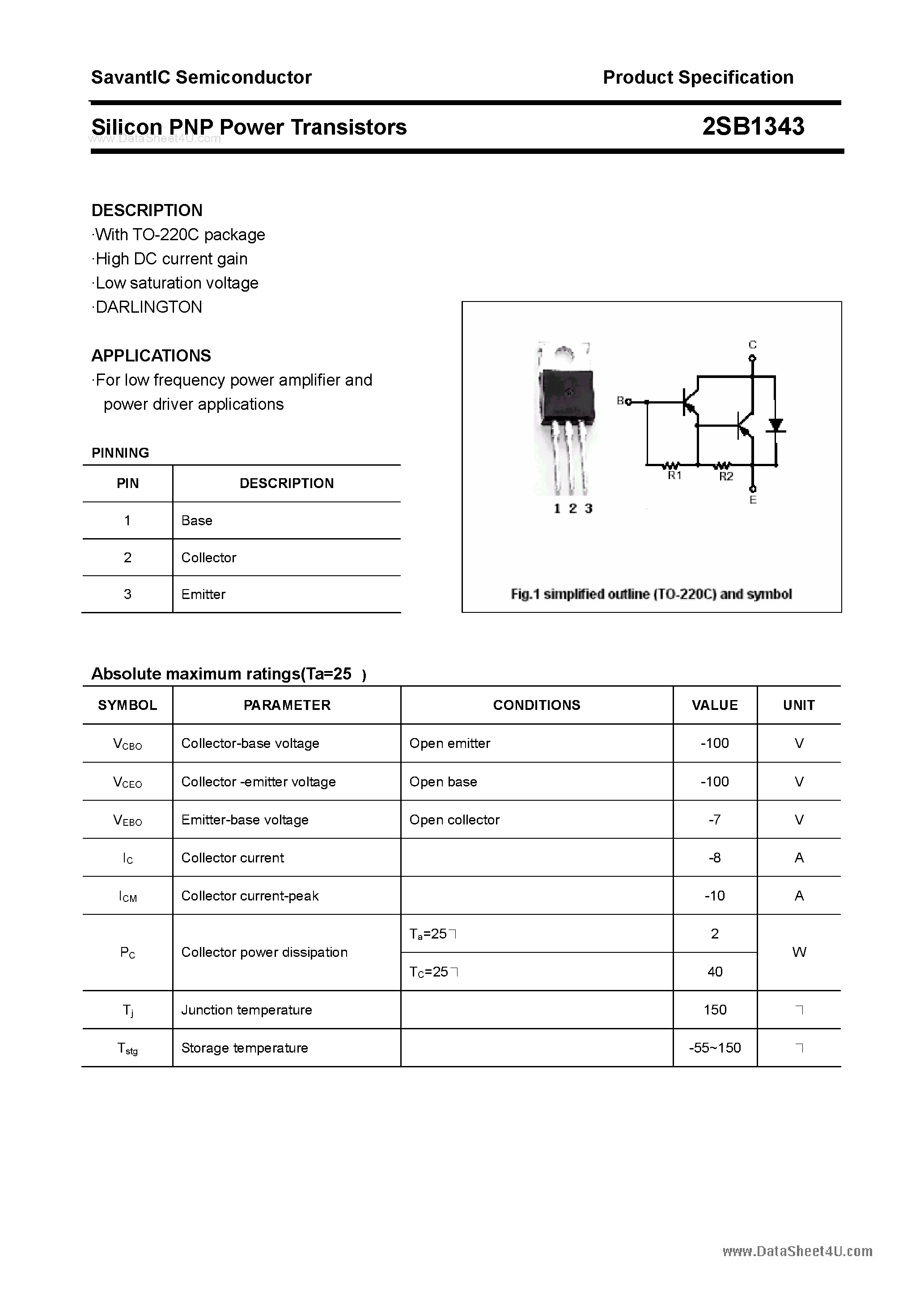 Datasheet 2SB1343 page 1 Datasheet 2SB1343 - SILICON POWER TRANSISTOR page 1