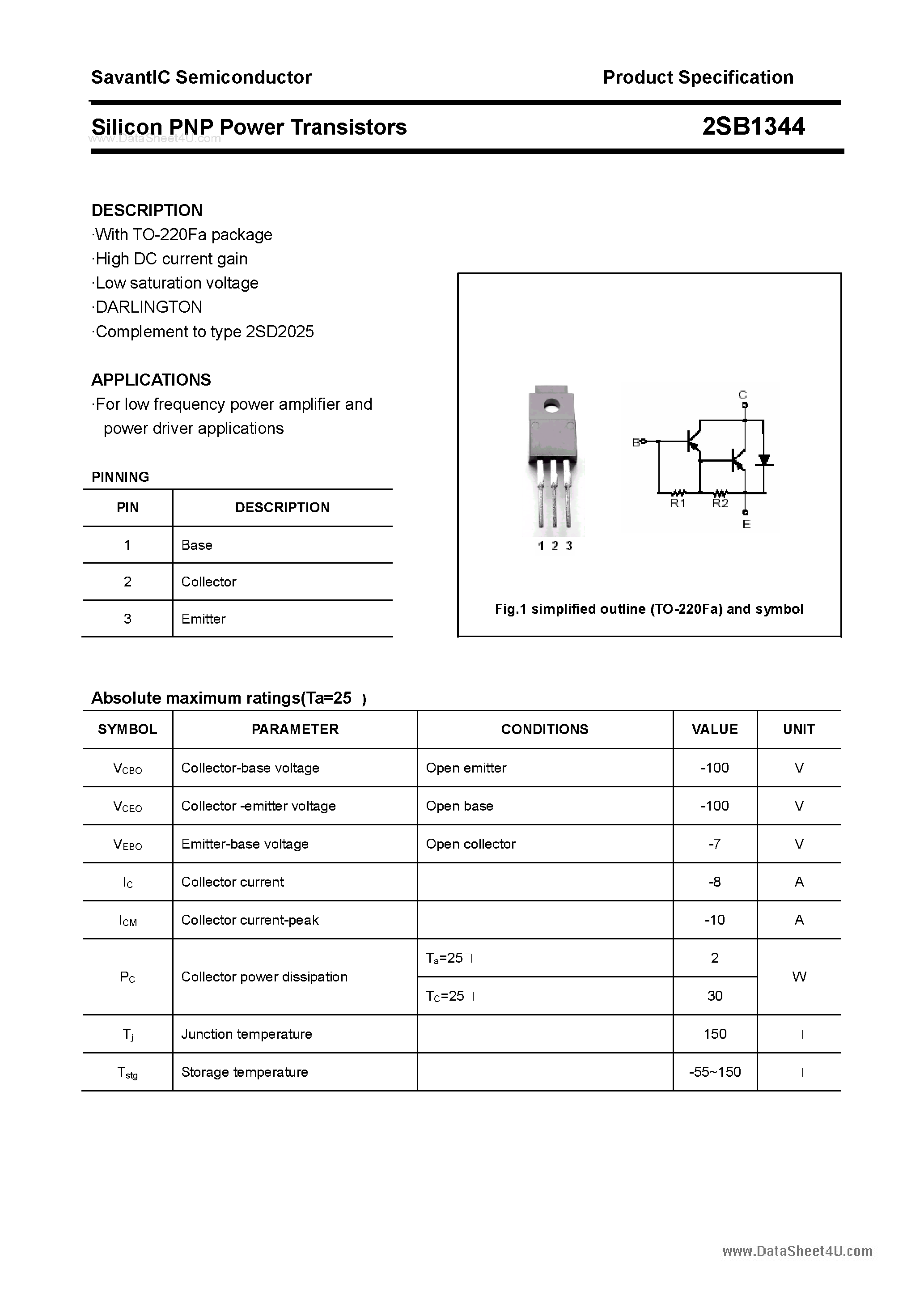 Datasheet 2SB1344 page 1 Datasheet 2SB1344 - SILICON POWER TRANSISTOR page 1