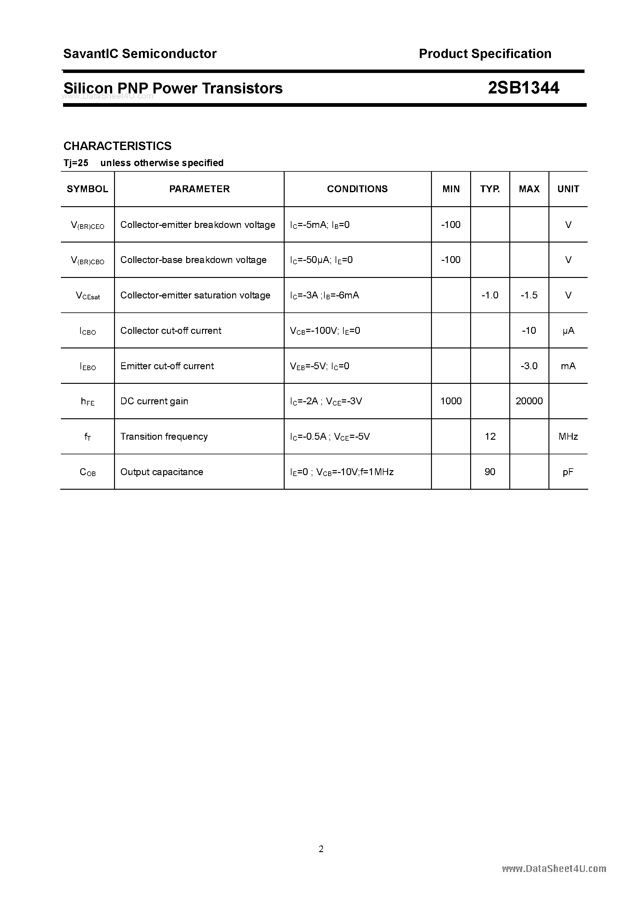 Datasheet 2SB1344 page 2 Datasheet 2SB1344 - SILICON POWER TRANSISTOR page 2