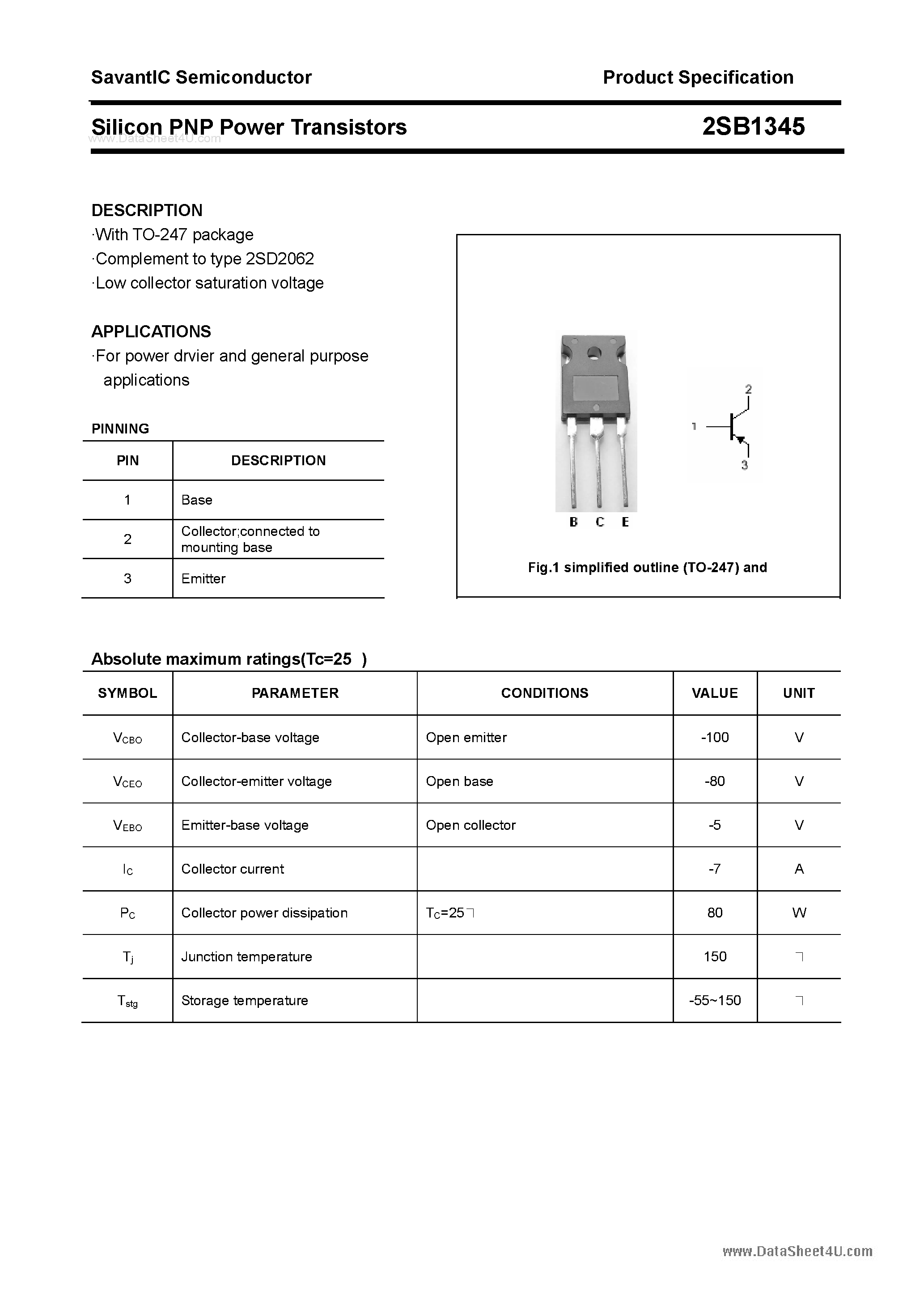 Datasheet 2SB1345 page 1 Datasheet 2SB1345 - SILICON POWER TRANSISTOR page 1