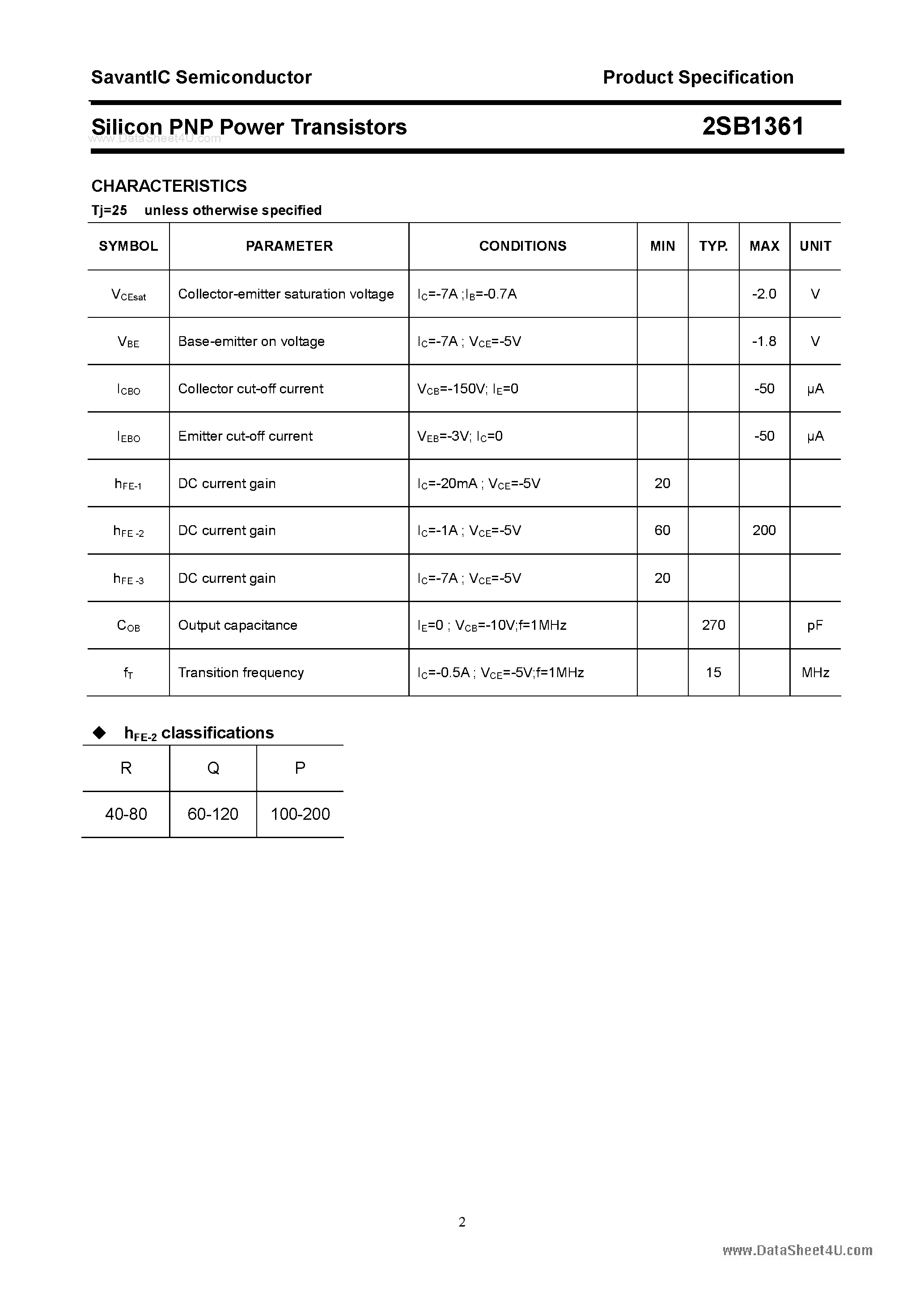 Datasheet 2SB1361 page 2 Datasheet 2SB1361 - SILICON POWER TRANSISTOR page 2