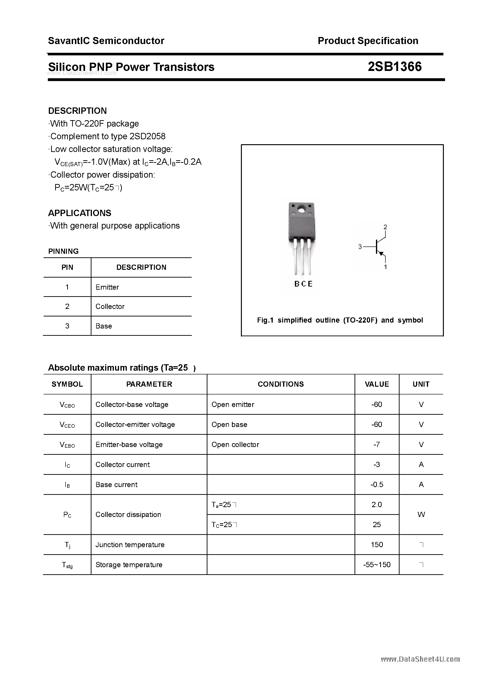Datasheet 2SB1366 page 1 Datasheet 2SB1366 - SILICON POWER TRANSISTOR page 1