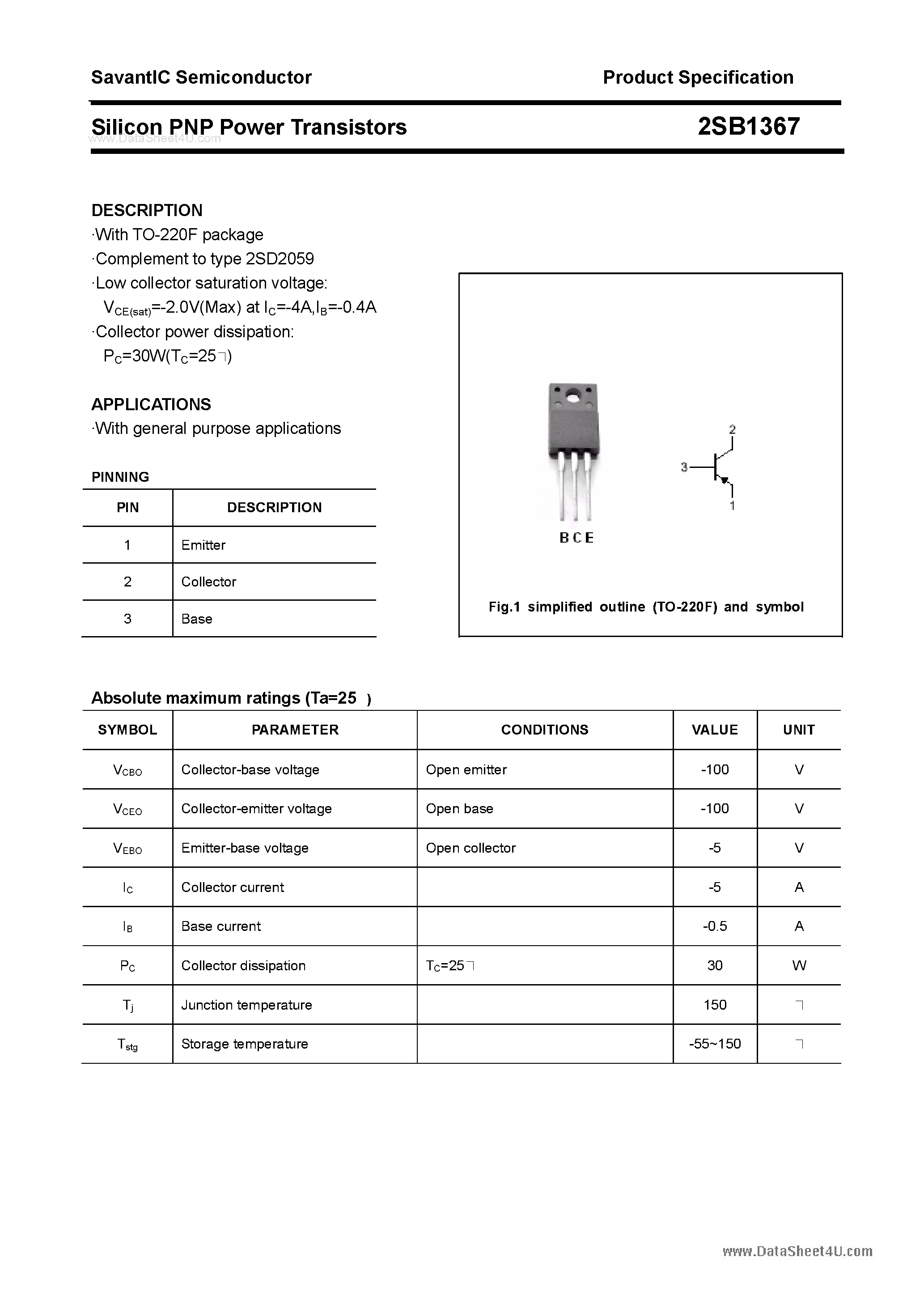 Datasheet 2SB1367 page 1 Datasheet 2SB1367 - SILICON POWER TRANSISTOR page 1