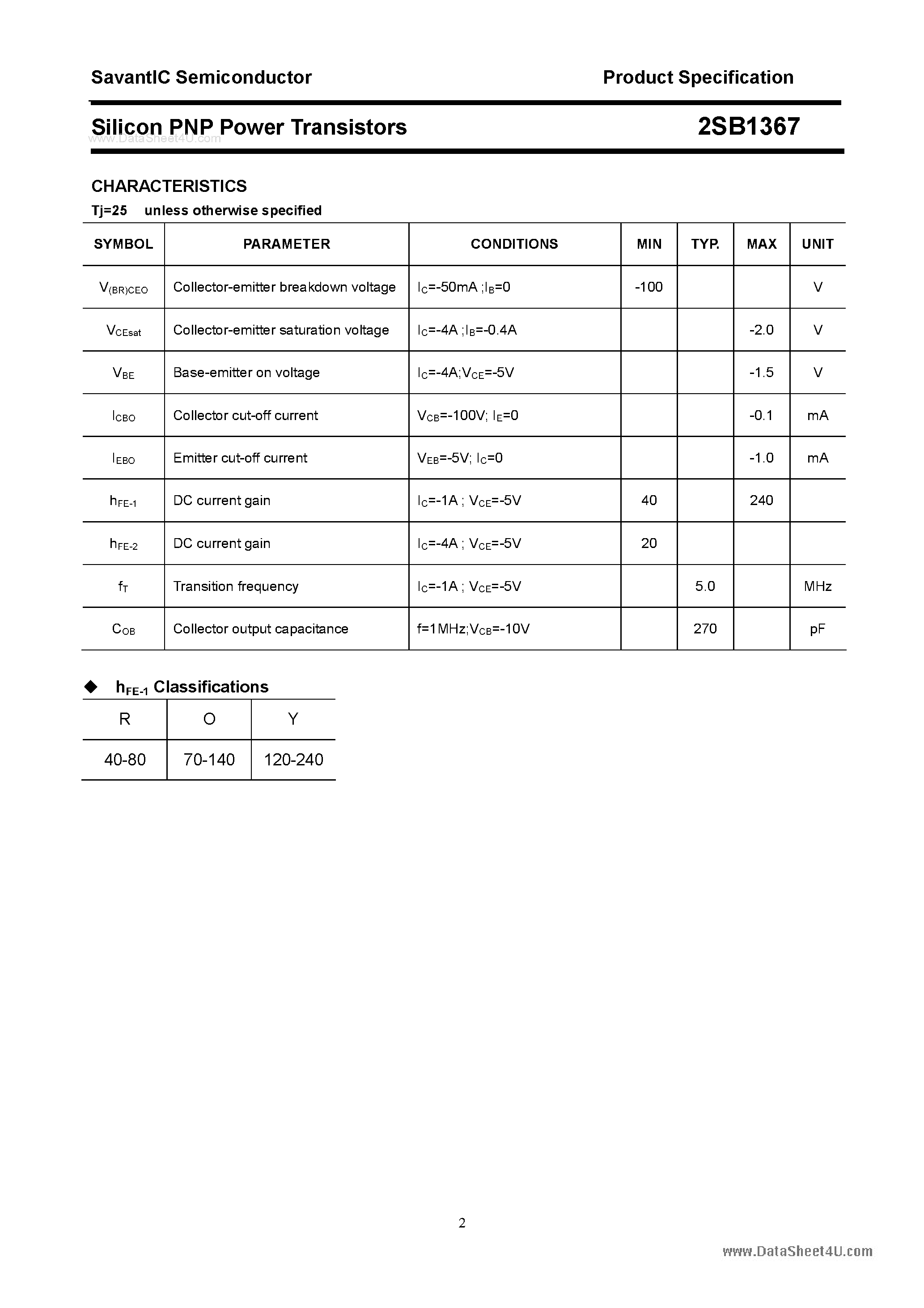 Datasheet 2SB1367 page 2 Datasheet 2SB1367 - SILICON POWER TRANSISTOR page 2