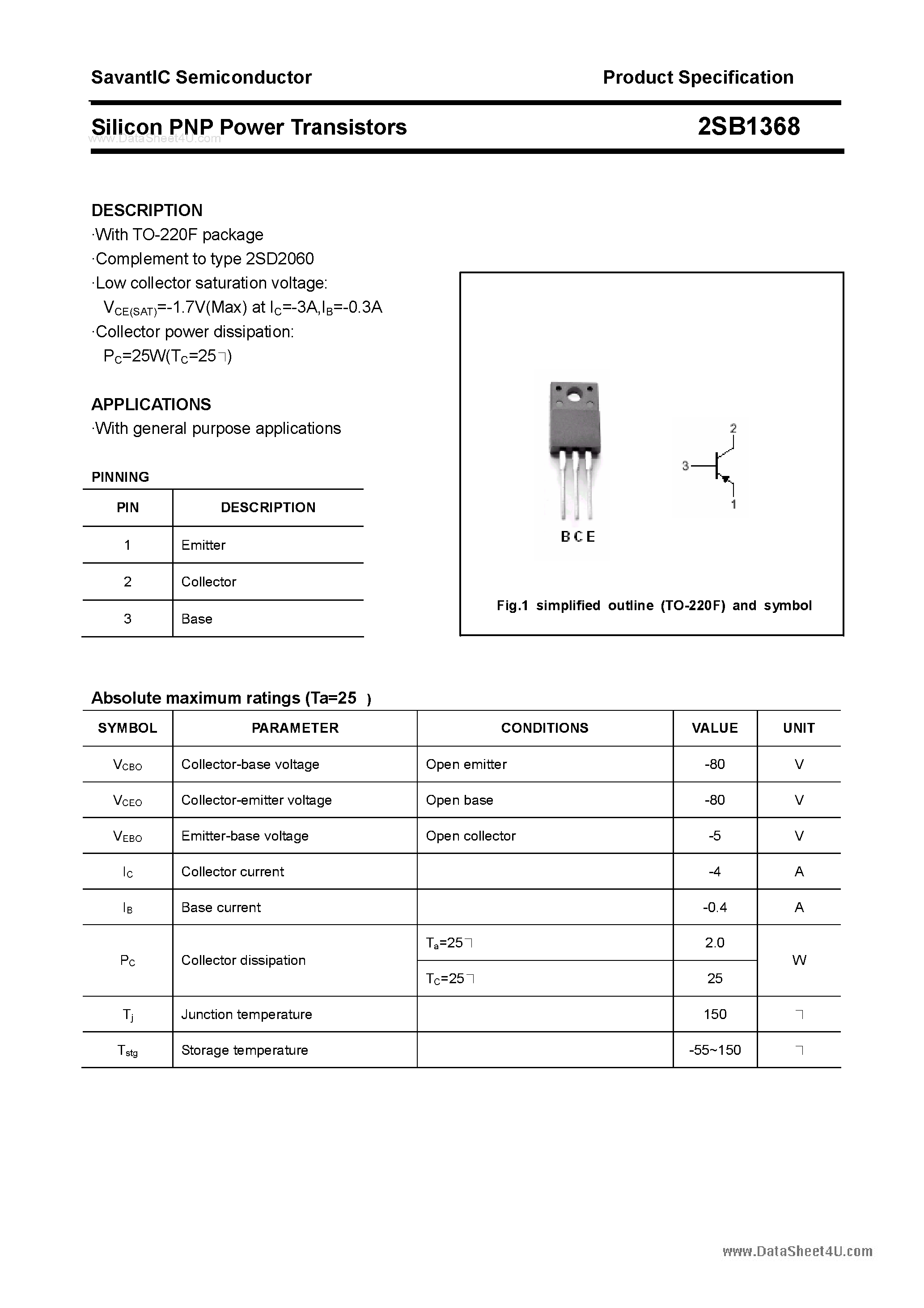 Datasheet 2SB1368 page 1 Datasheet 2SB1368 - SILICON POWER TRANSISTOR page 1