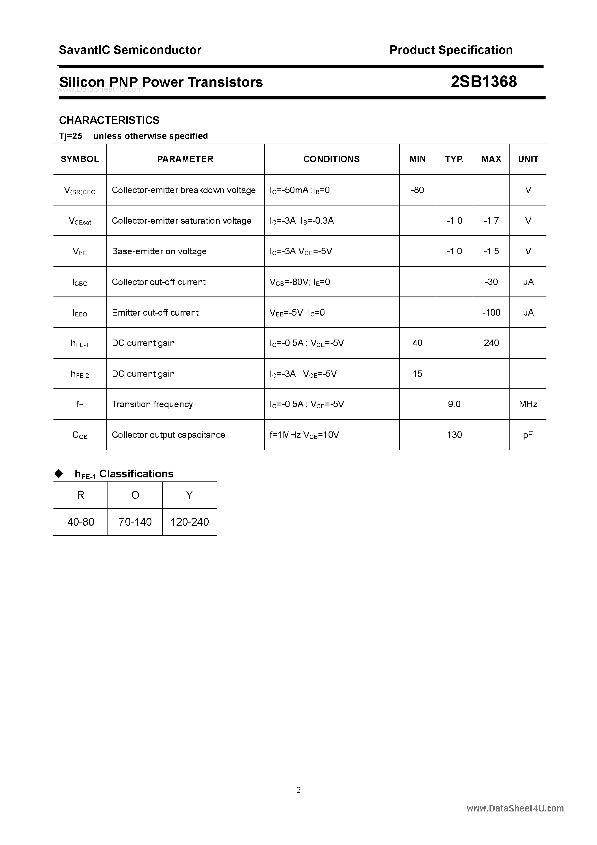 Datasheet 2SB1368 page 2 Datasheet 2SB1368 - SILICON POWER TRANSISTOR page 2