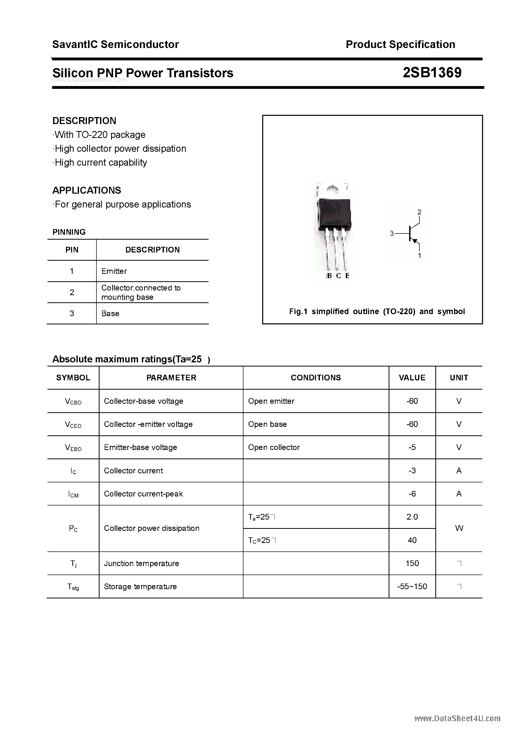 Datasheet 2SB1369 page 1 Datasheet 2SB1369 - SILICON POWER TRANSISTOR page 1