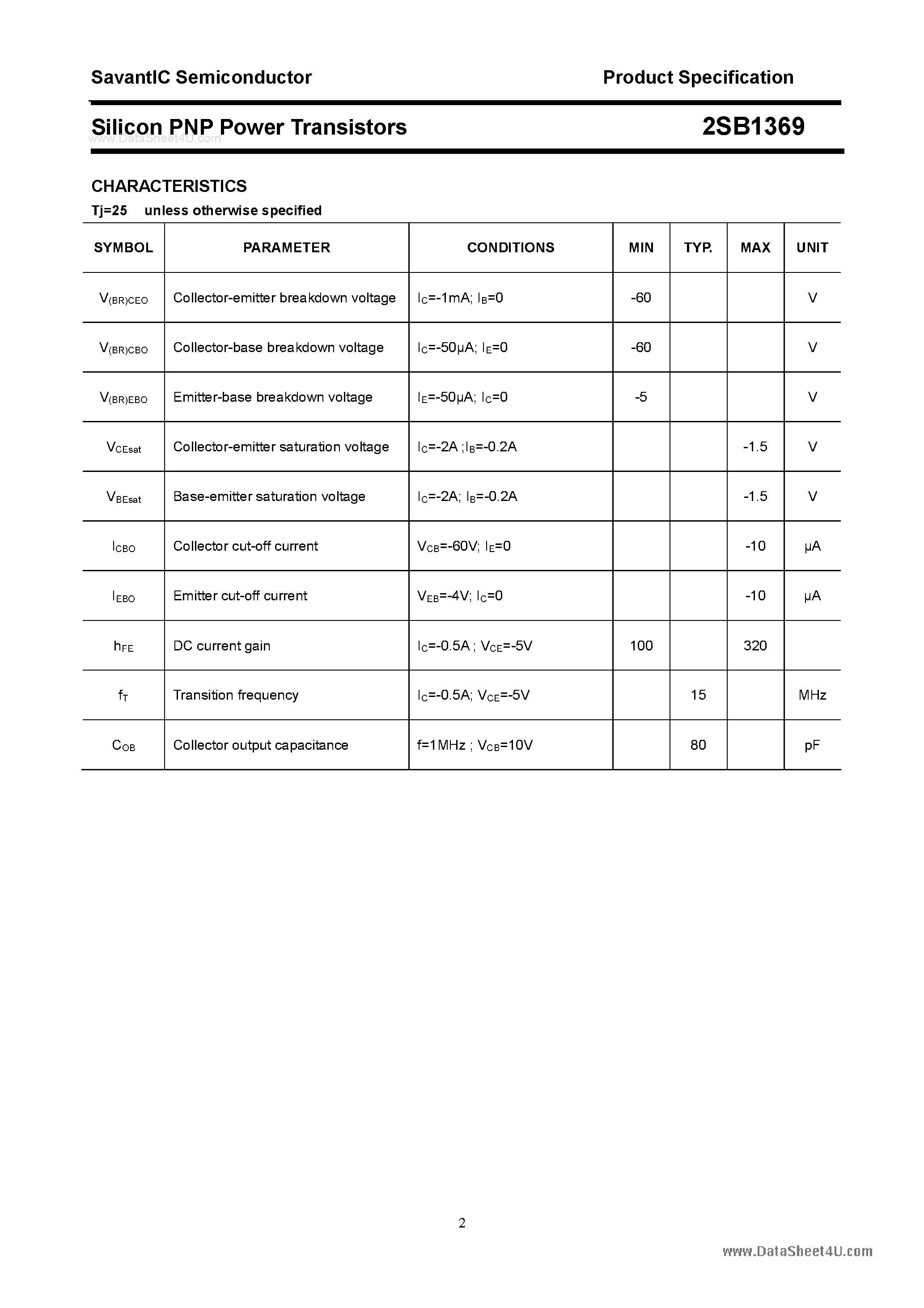 Datasheet 2SB1369 page 2 Datasheet 2SB1369 - SILICON POWER TRANSISTOR page 2