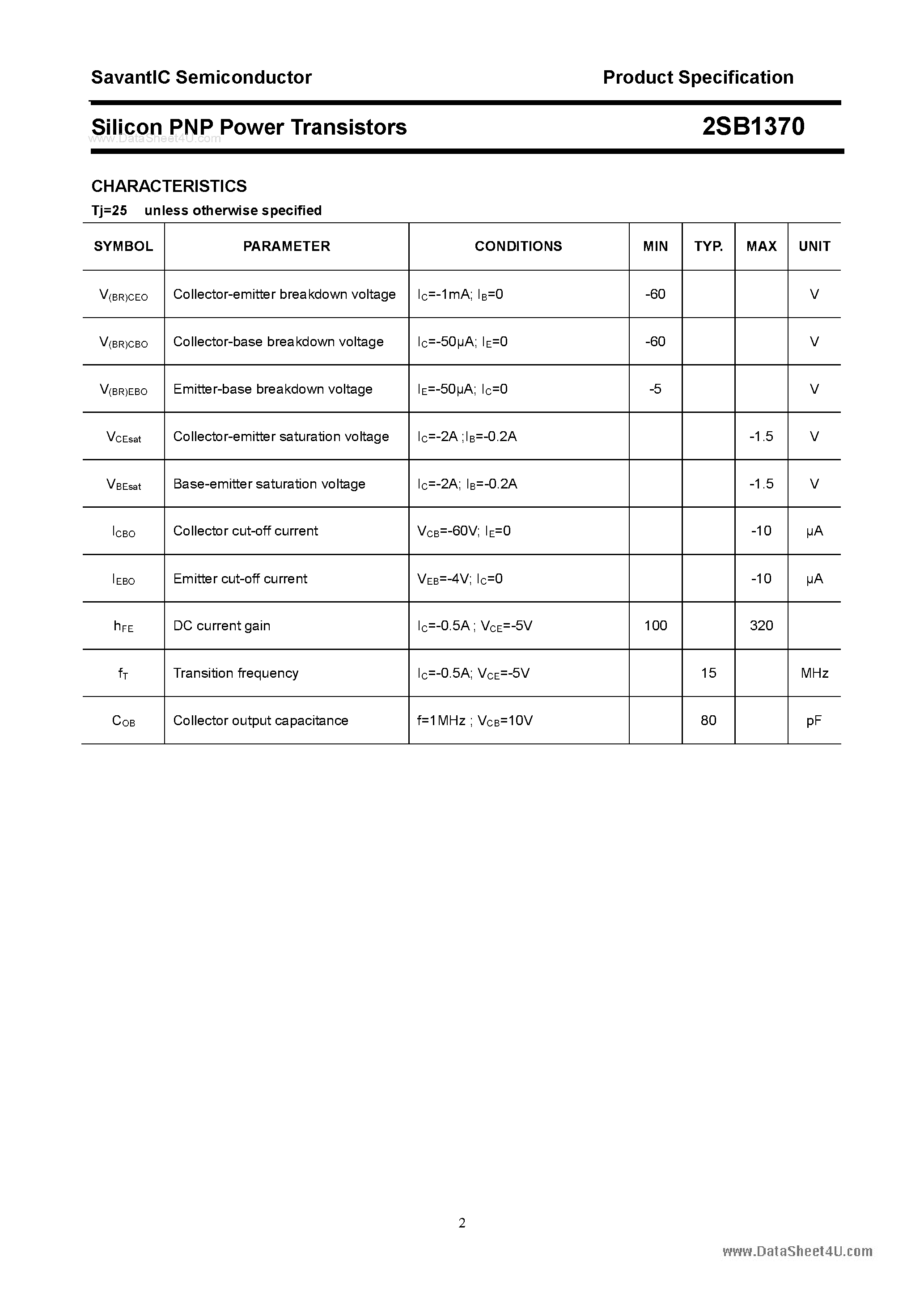 Datasheet 2SB1370 page 2 Datasheet 2SB1370 - SILICON POWER TRANSISTOR page 2