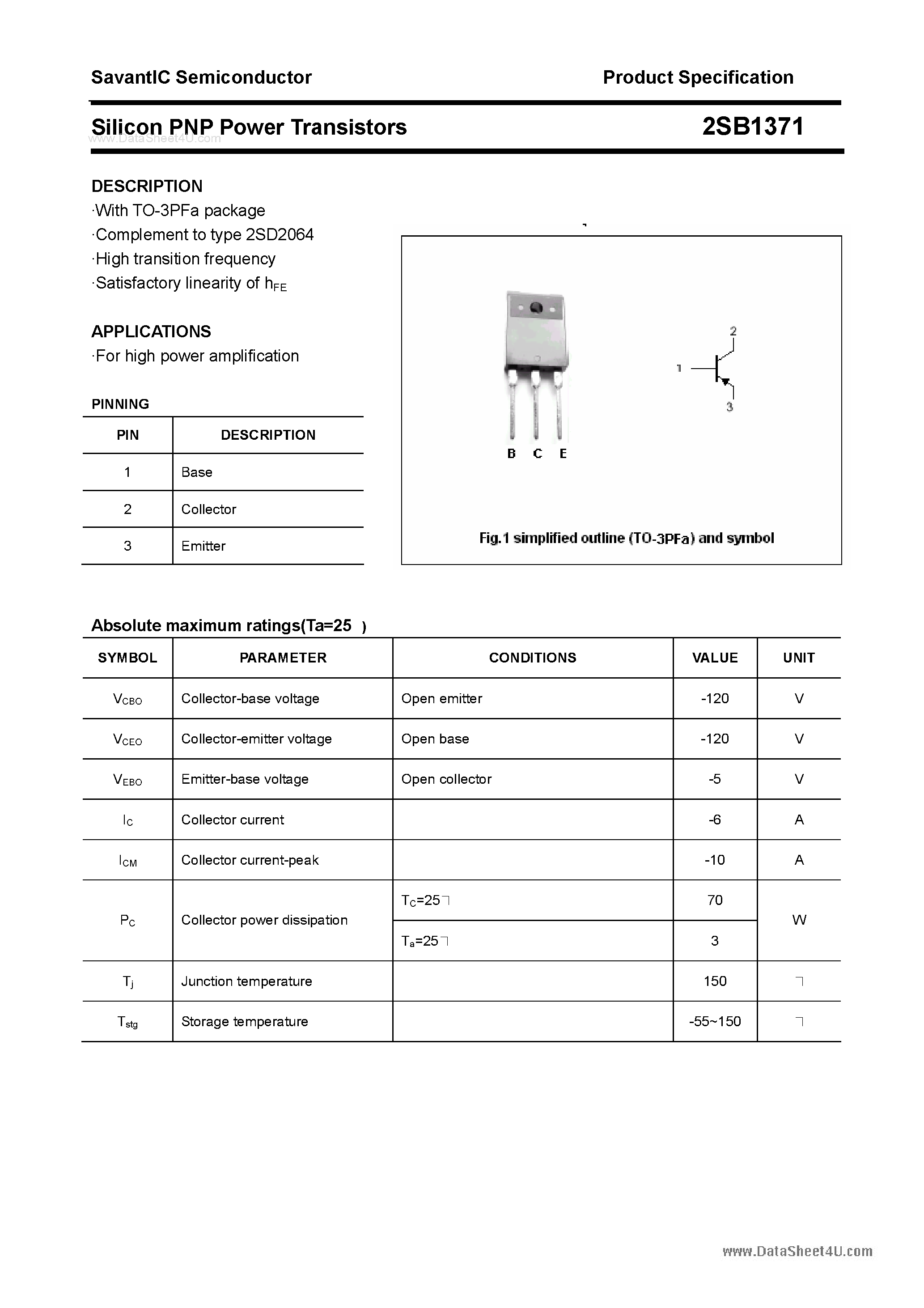 Datasheet 2SB1371 page 1 Datasheet 2SB1371 - SILICON POWER TRANSISTOR page 1