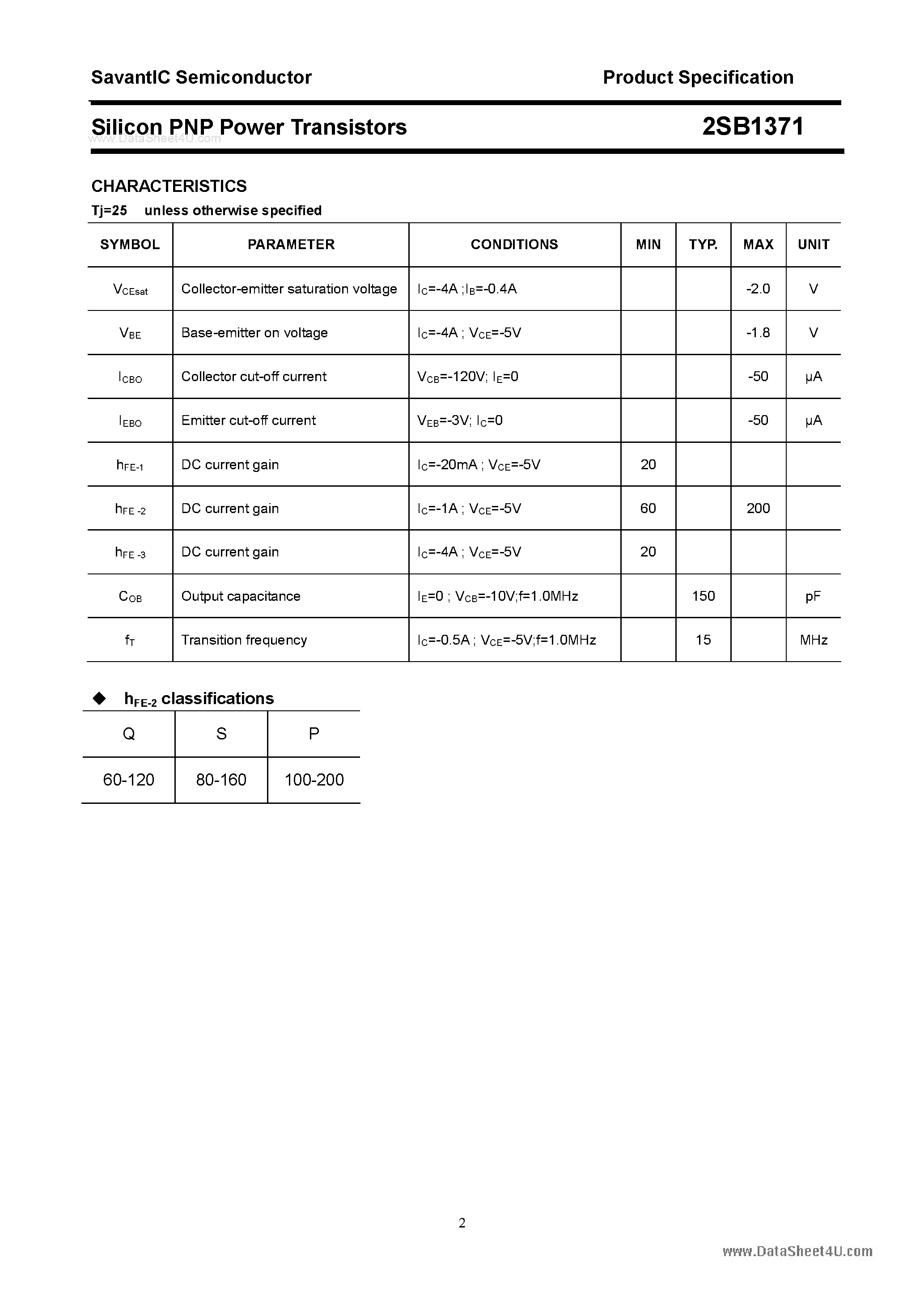 Datasheet 2SB1371 page 2 Datasheet 2SB1371 - SILICON POWER TRANSISTOR page 2