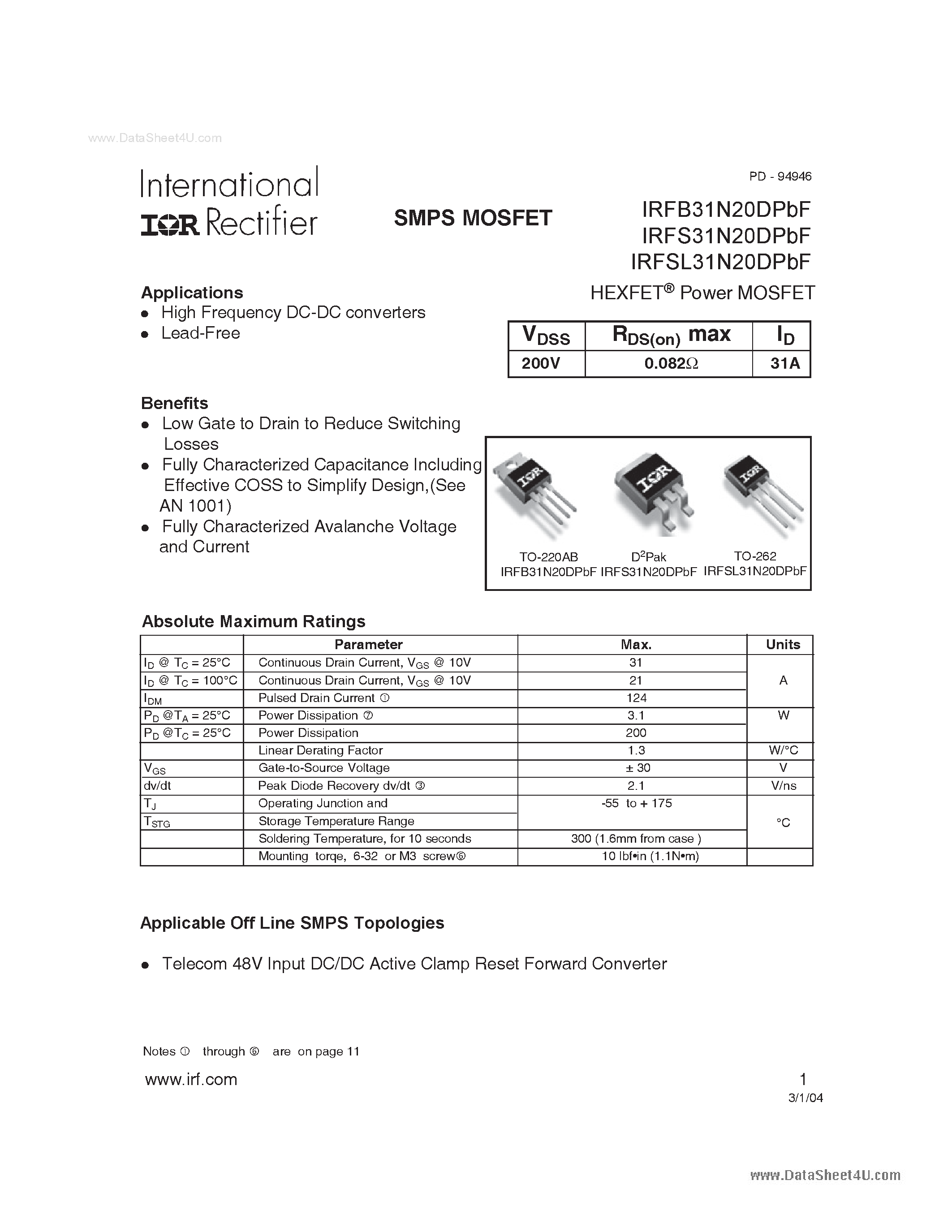 Datasheet IRFB31N20DPBF - HEXFET Power MOSFET page 1