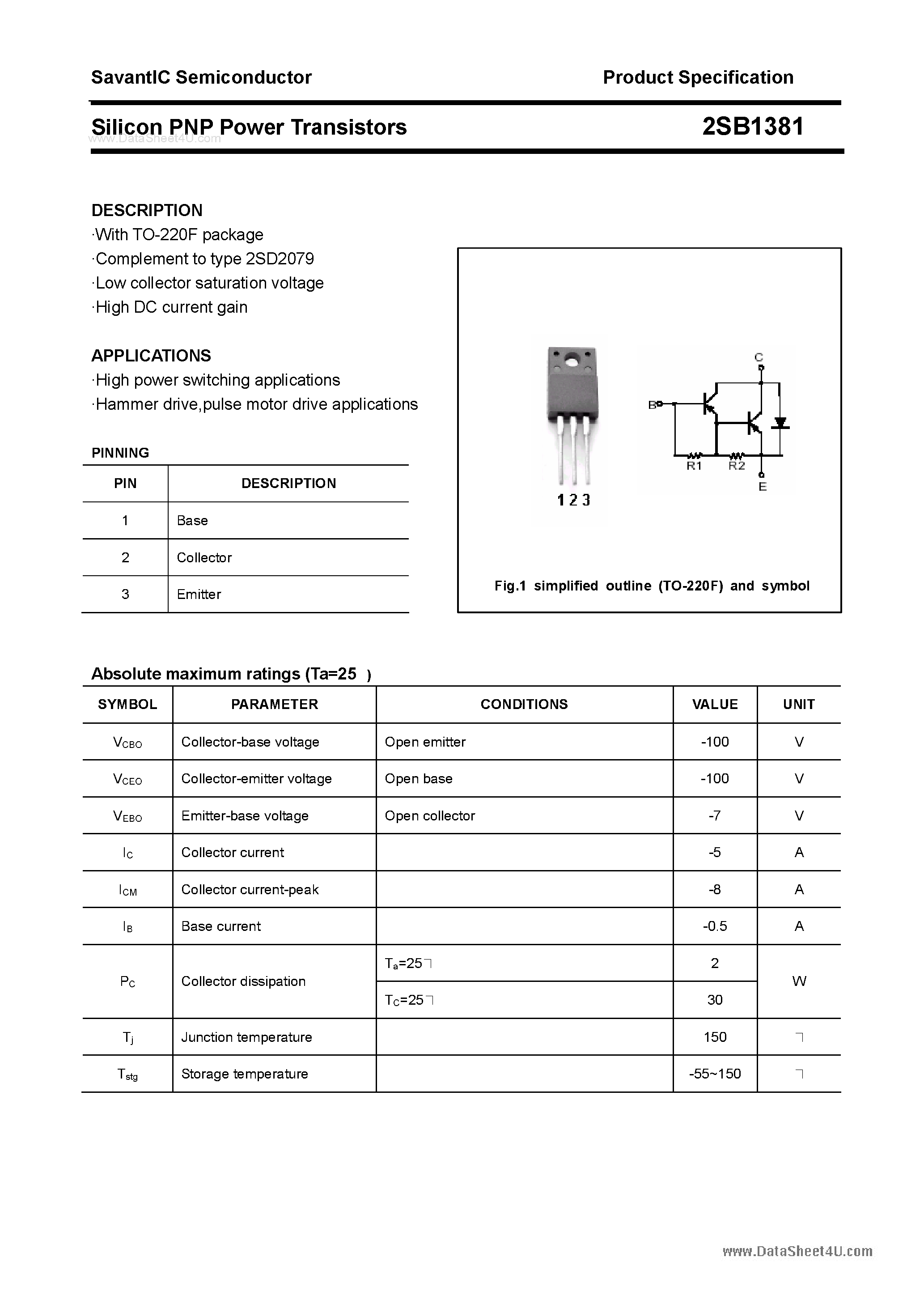Datasheet 2SB1381 page 1 Datasheet 2SB1381 - SILICON POWER TRANSISTOR page 1