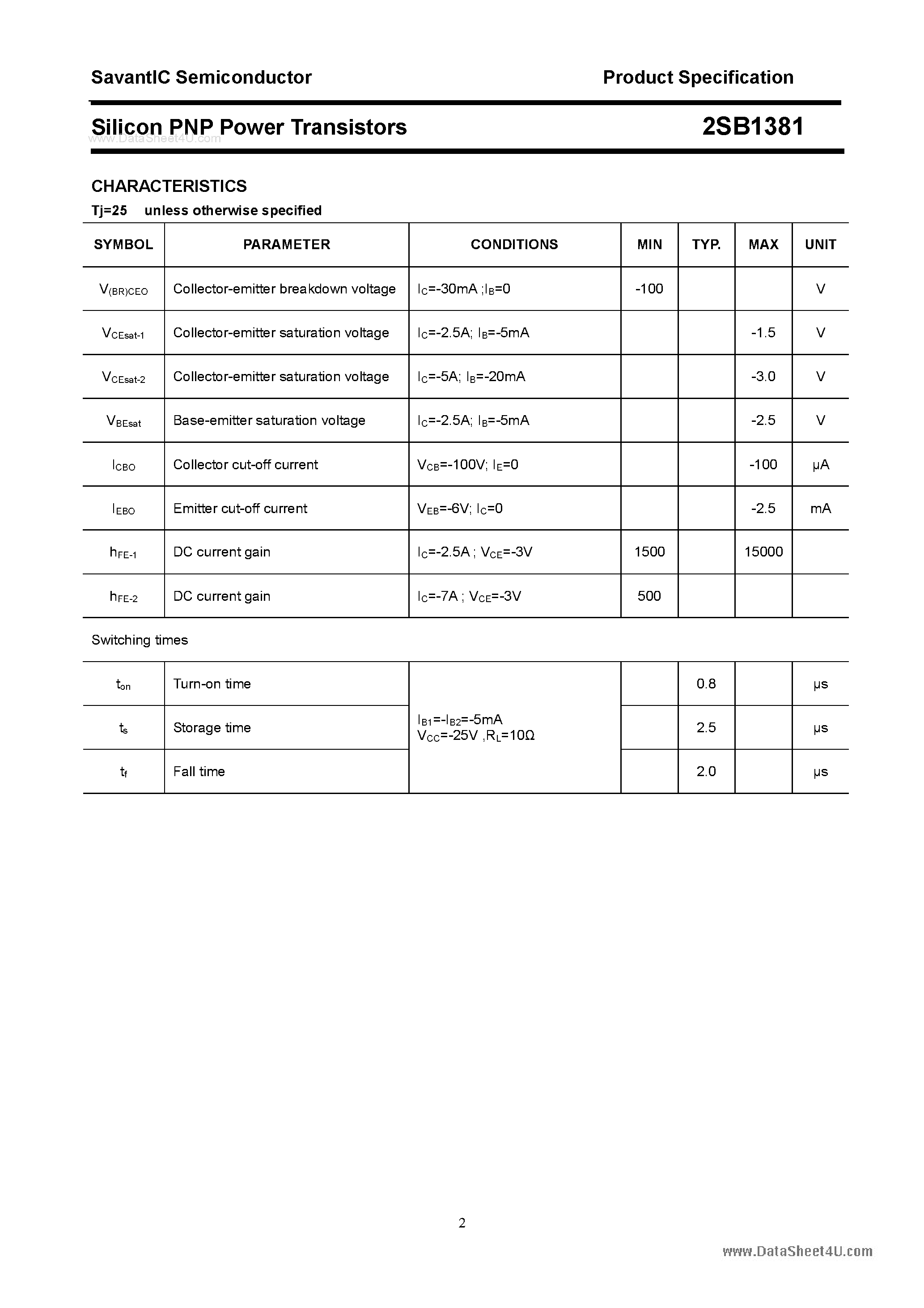 Datasheet 2SB1381 page 2 Datasheet 2SB1381 - SILICON POWER TRANSISTOR page 2