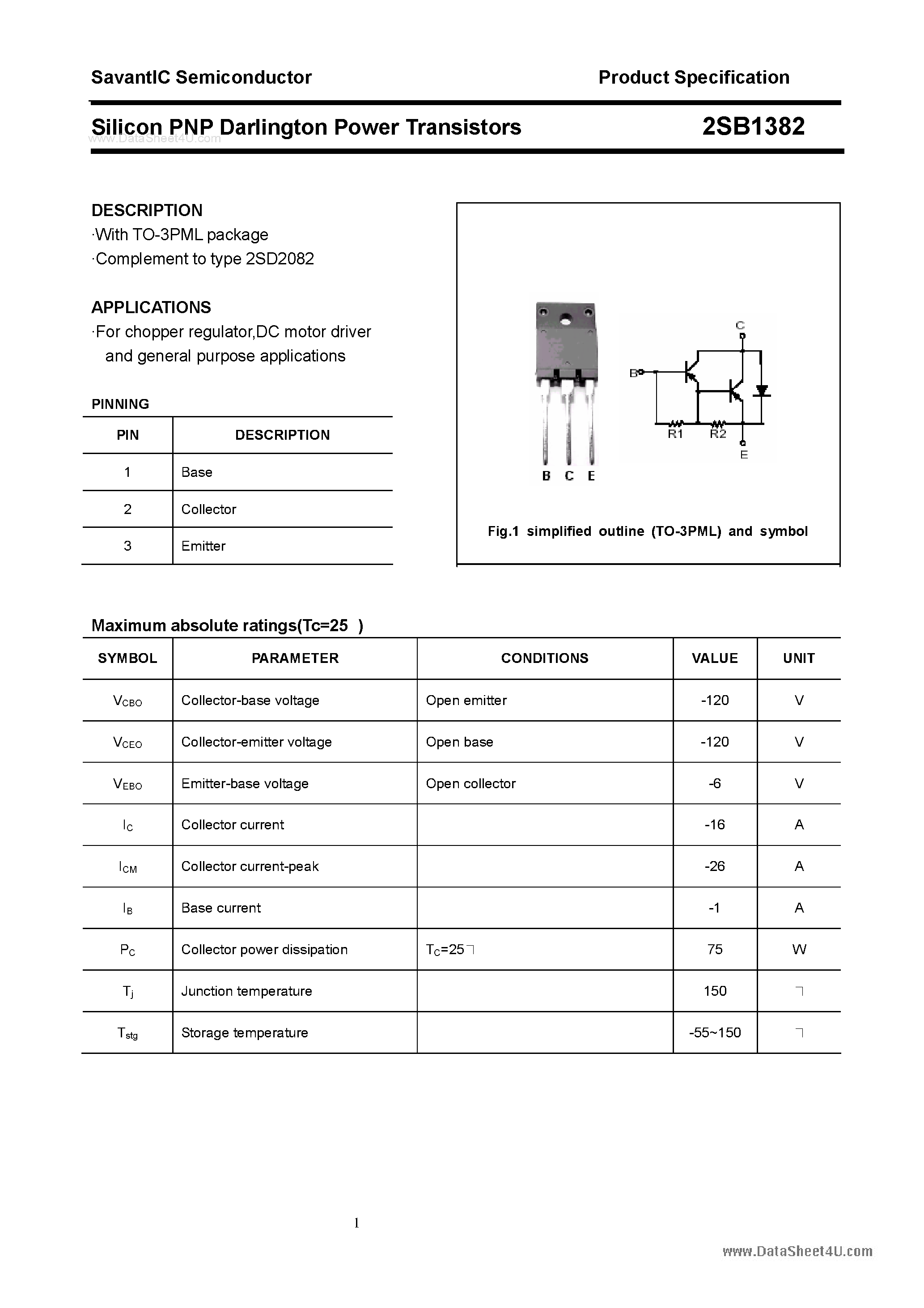 Datasheet 2SB1382 page 1 Datasheet 2SB1382 - SILICON POWER TRANSISTOR page 1