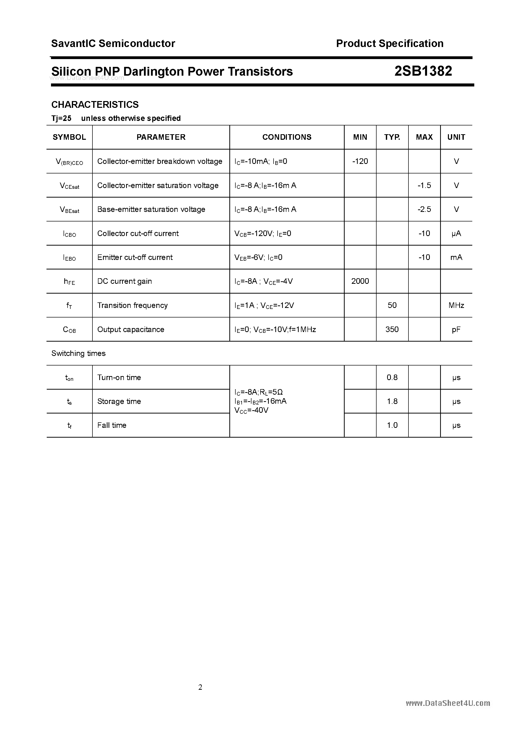 Datasheet 2SB1382 page 2 Datasheet 2SB1382 - SILICON POWER TRANSISTOR page 2
