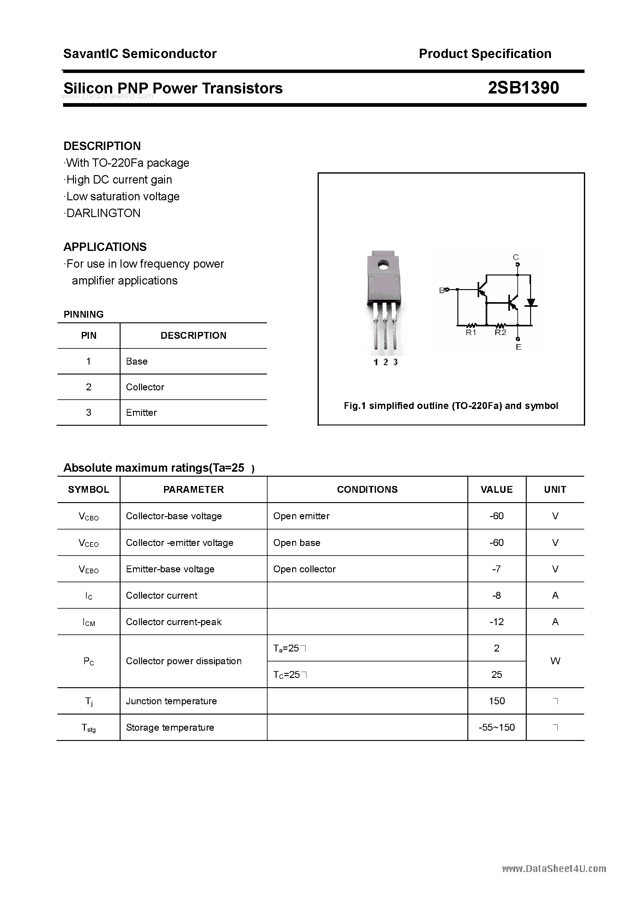 Datasheet 2SB1390 page 1 Datasheet 2SB1390 - SILICON POWER TRANSISTOR page 1